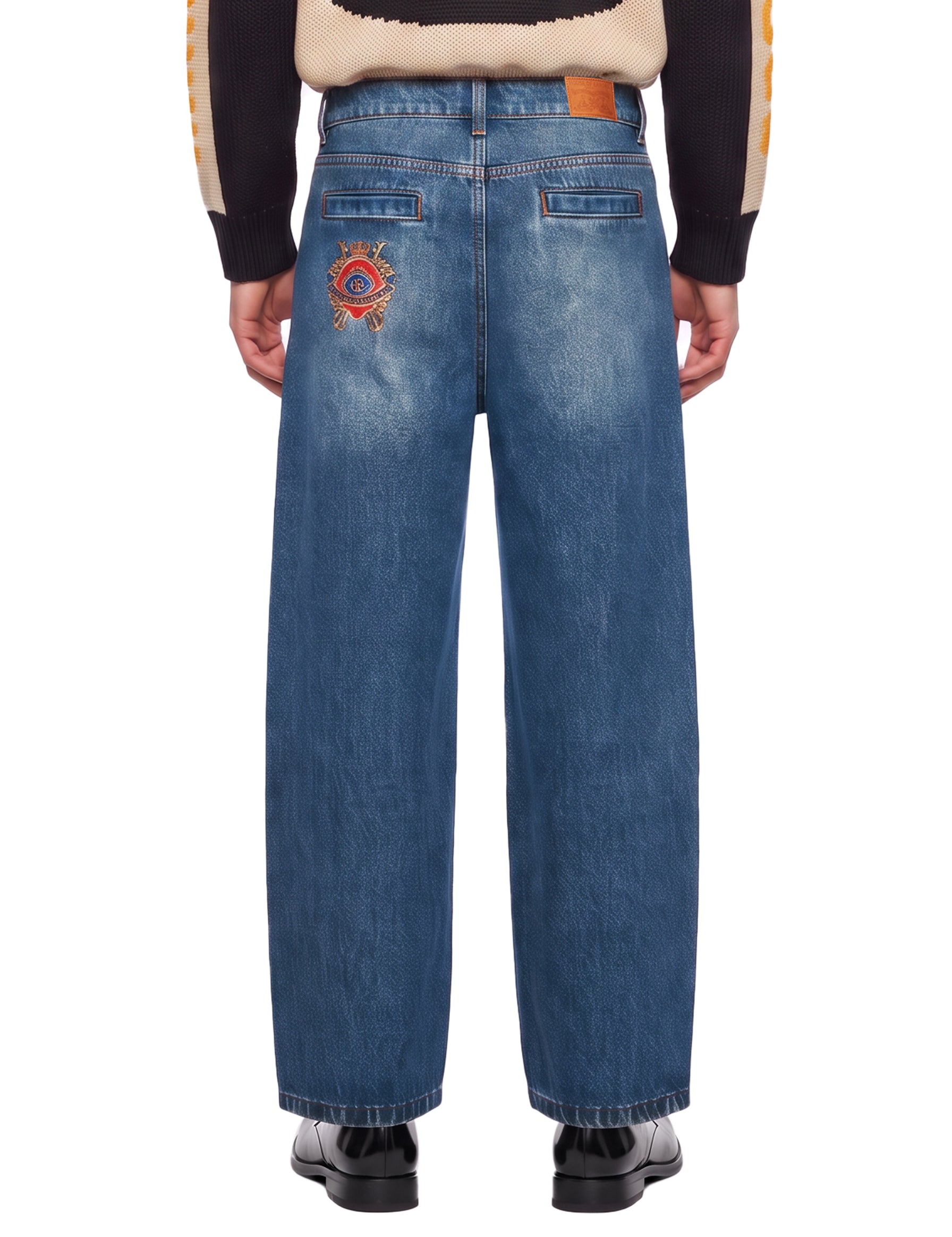 Jeans a gamba dritta con logo ricamato Crown in blu 