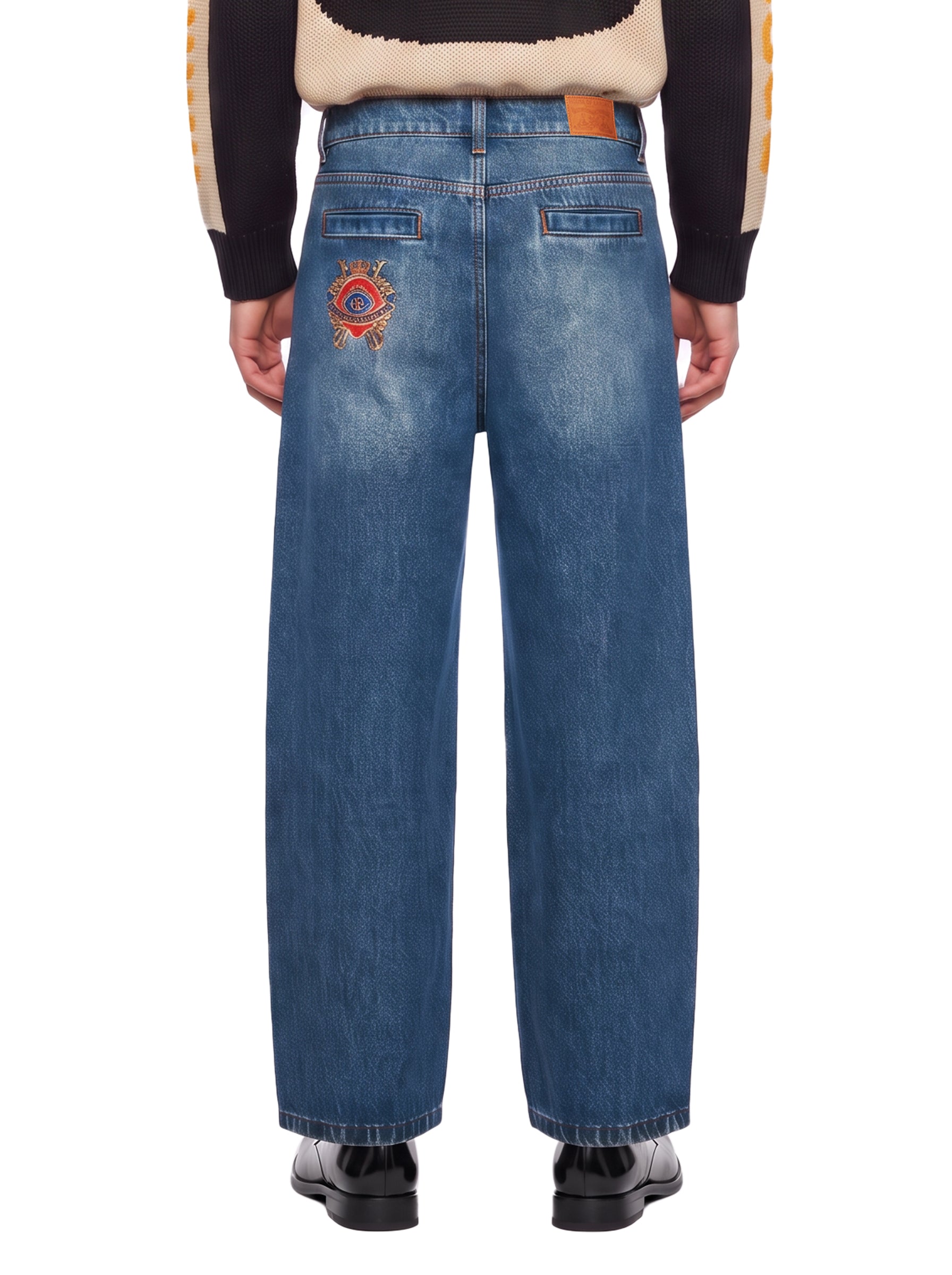 Jeans a gamba dritta con logo ricamato Crown in blu 