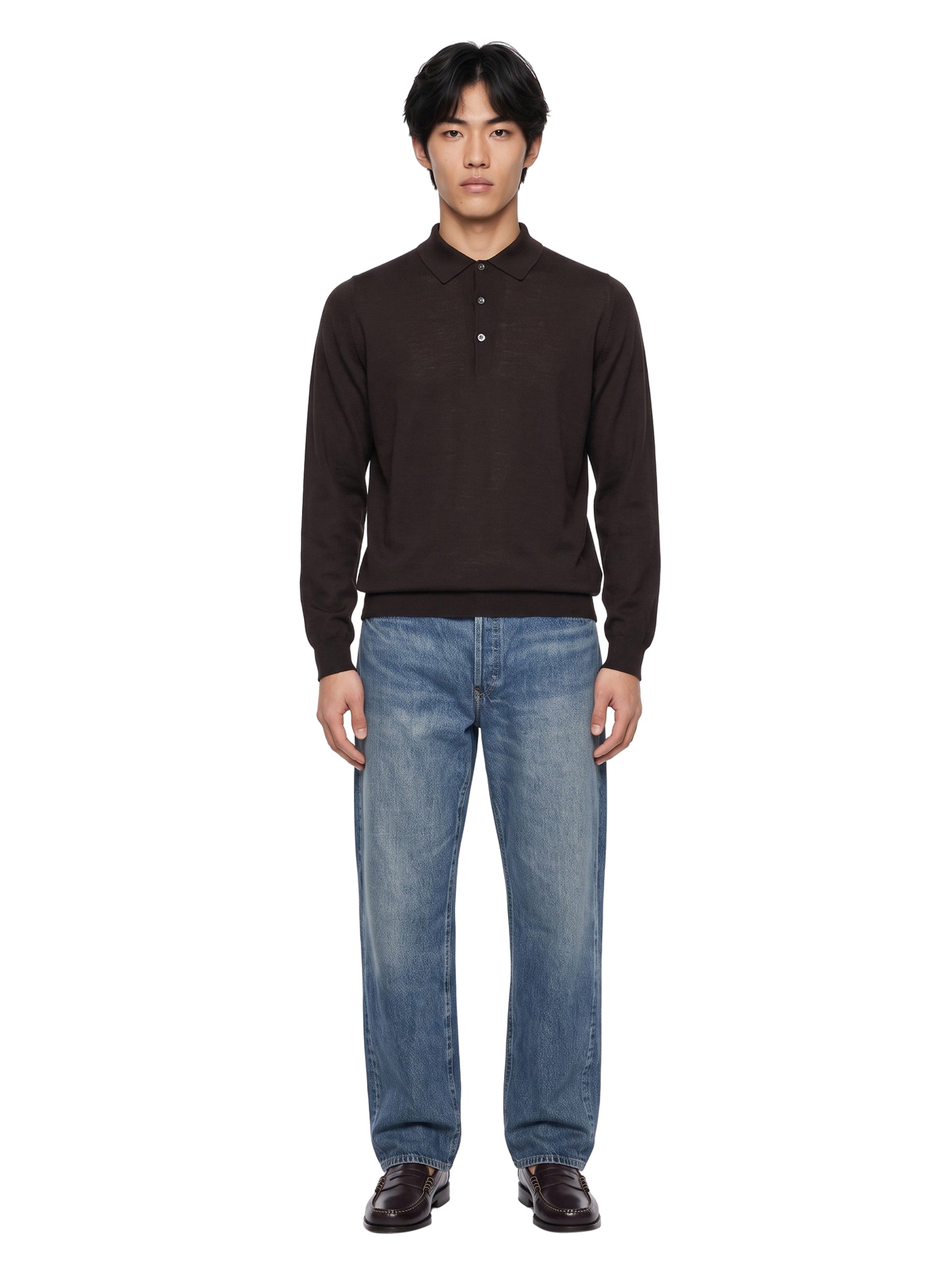 Polo Belper a maniche lunghe in lana merino marrone 