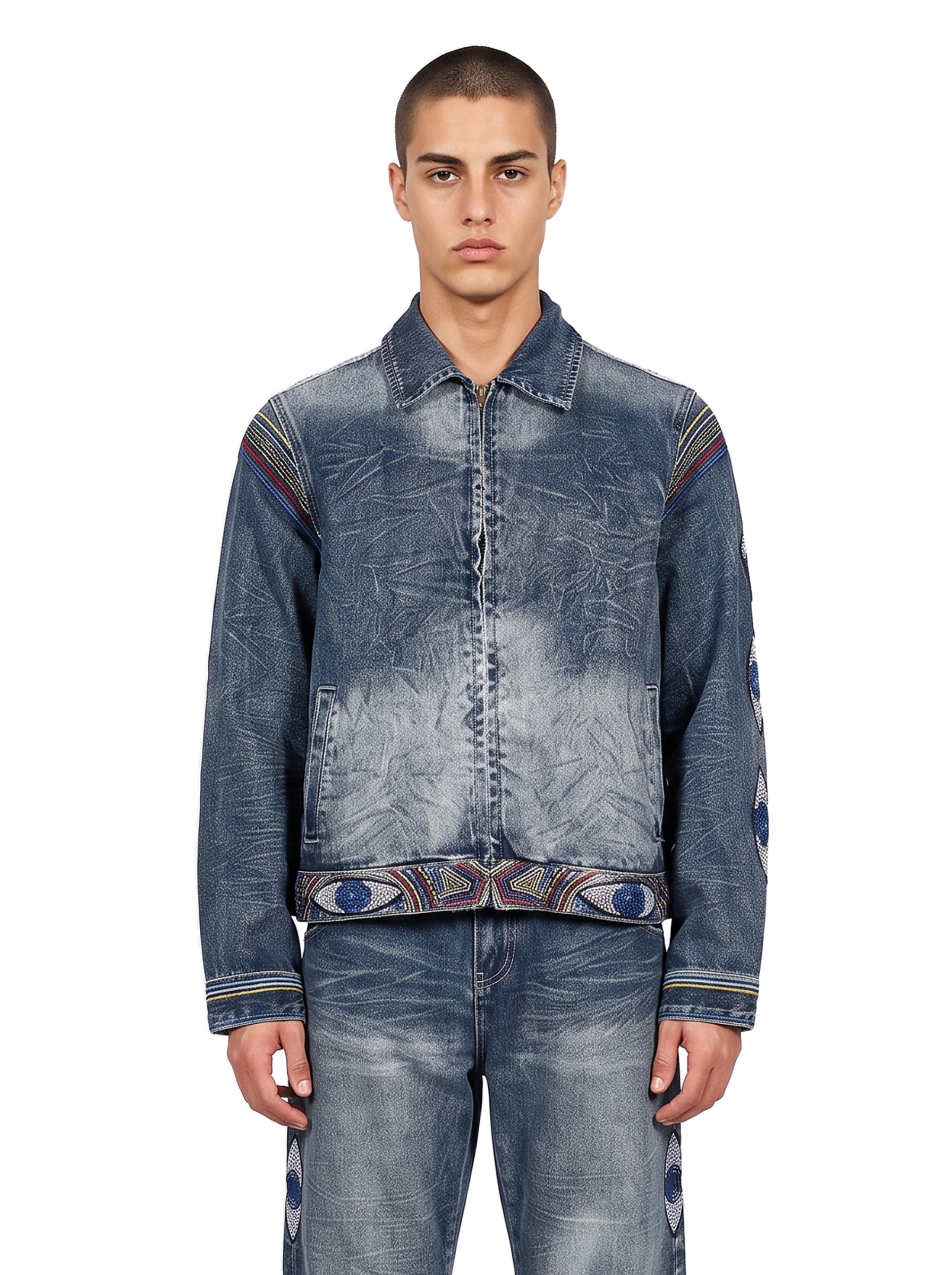 Giacca denim con ricamo occhi in blu 