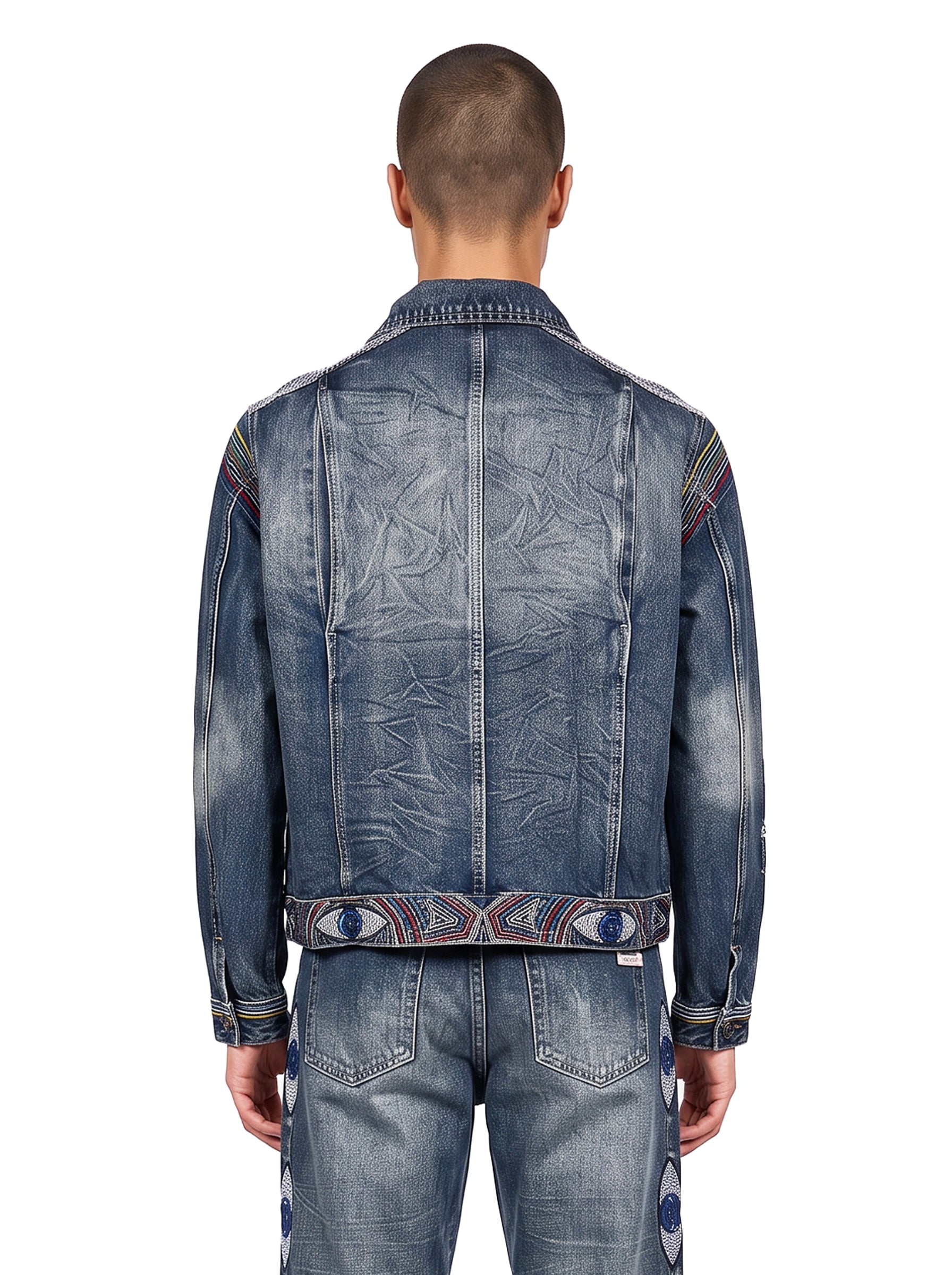 Giacca denim con ricamo occhi in blu 