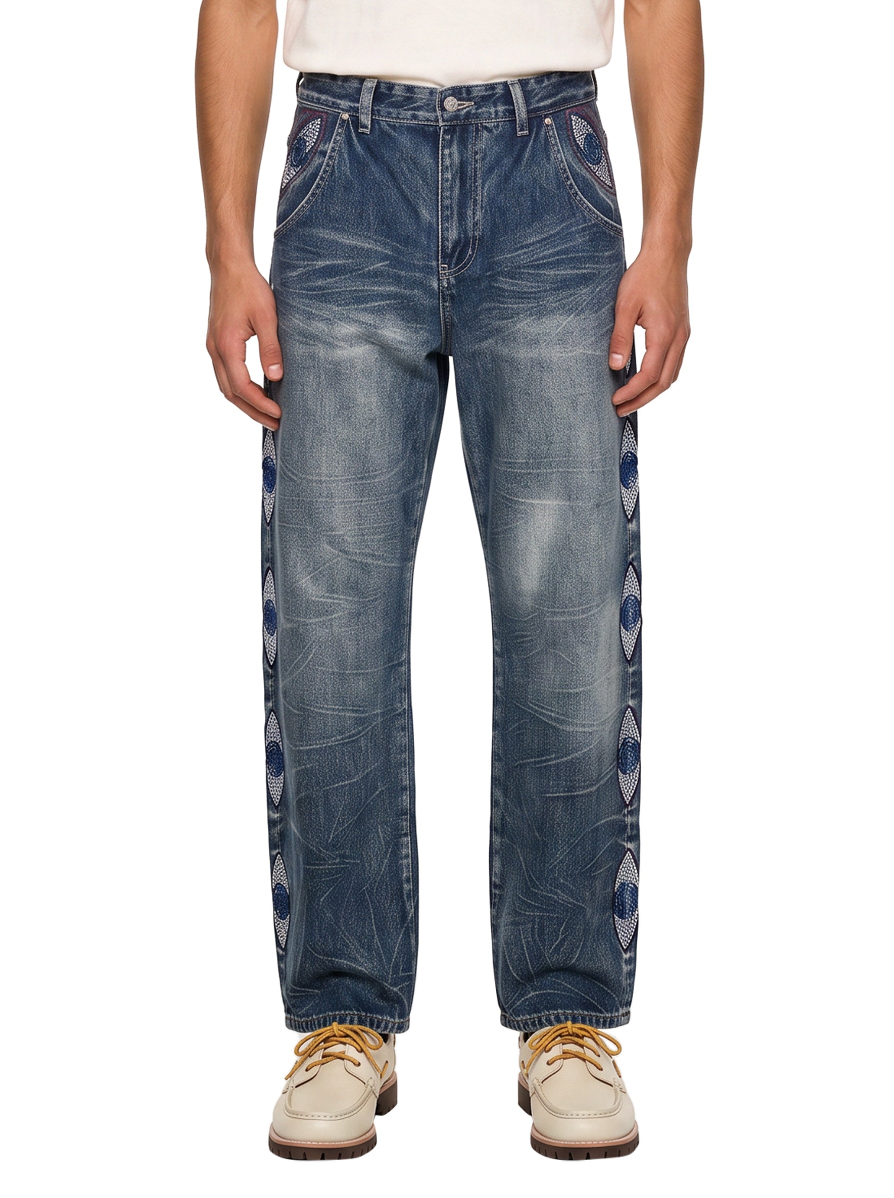 Jeans con ricamo occhio in blu 