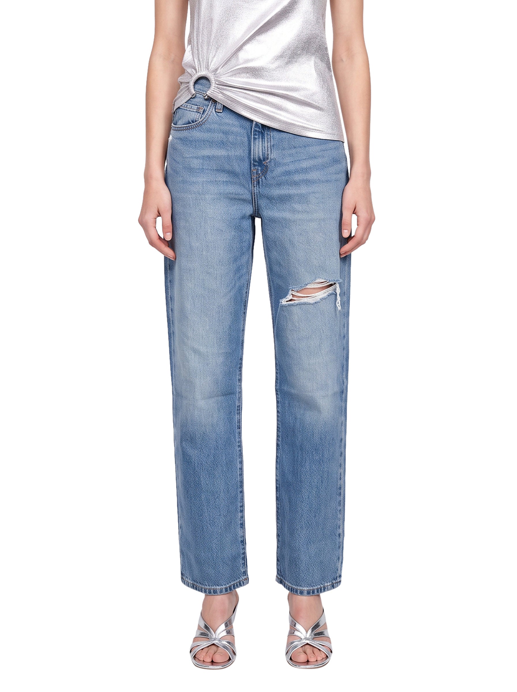 Jeans con strappi easy dad in blu 