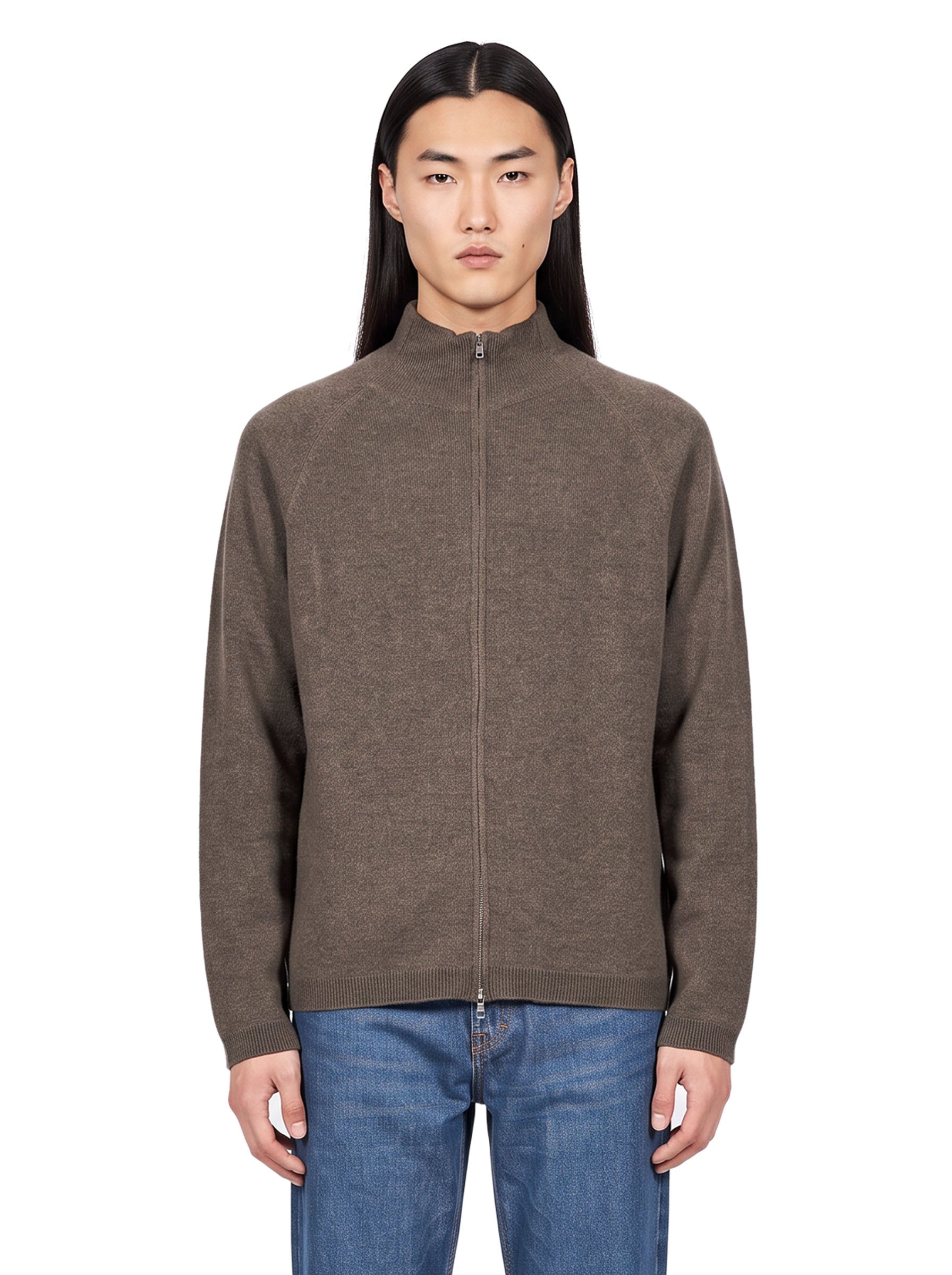 Cardigan in lana merino con zip in marrone 