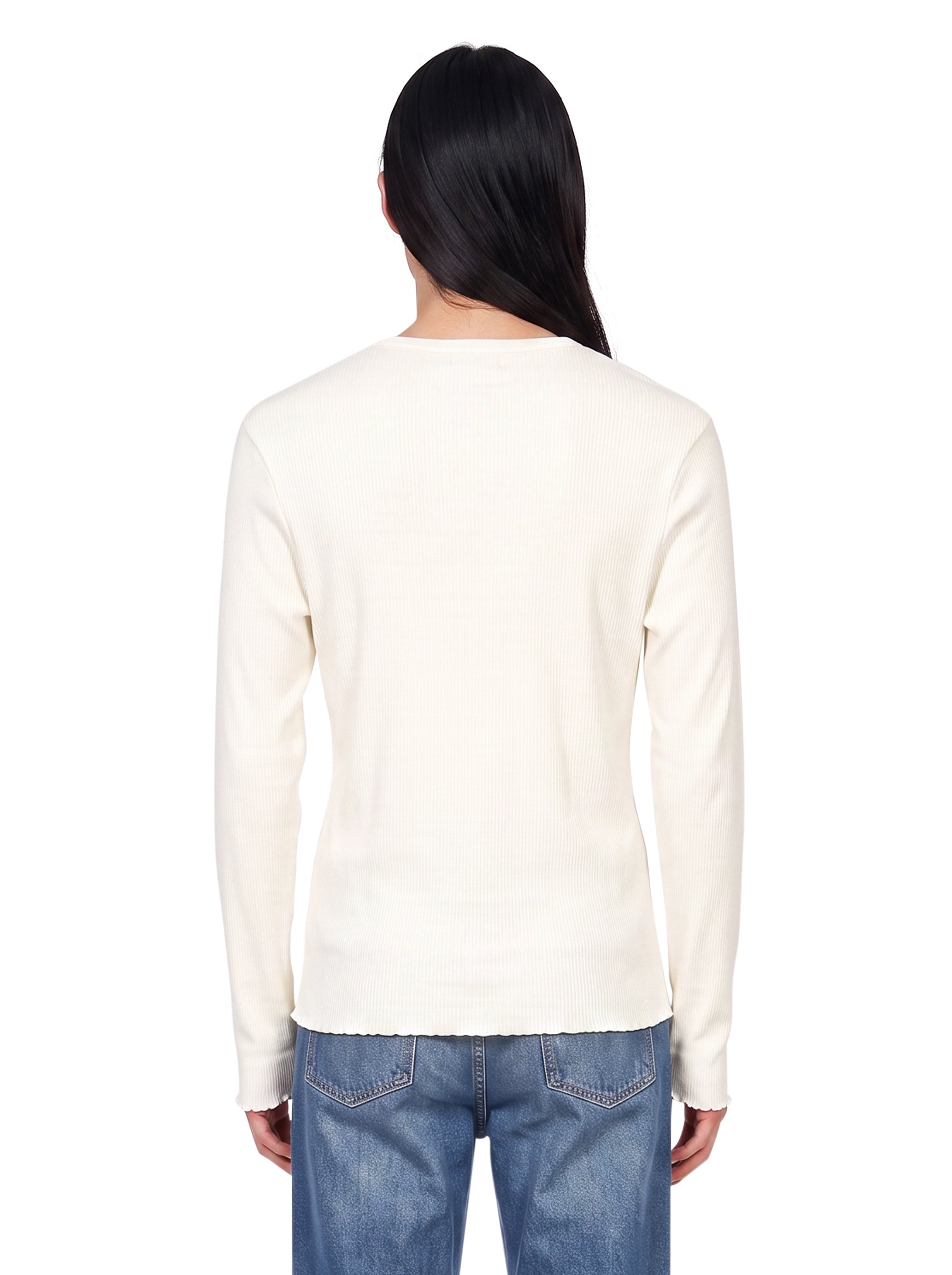 T-shirt a maniche lunghe a coste in avorio 