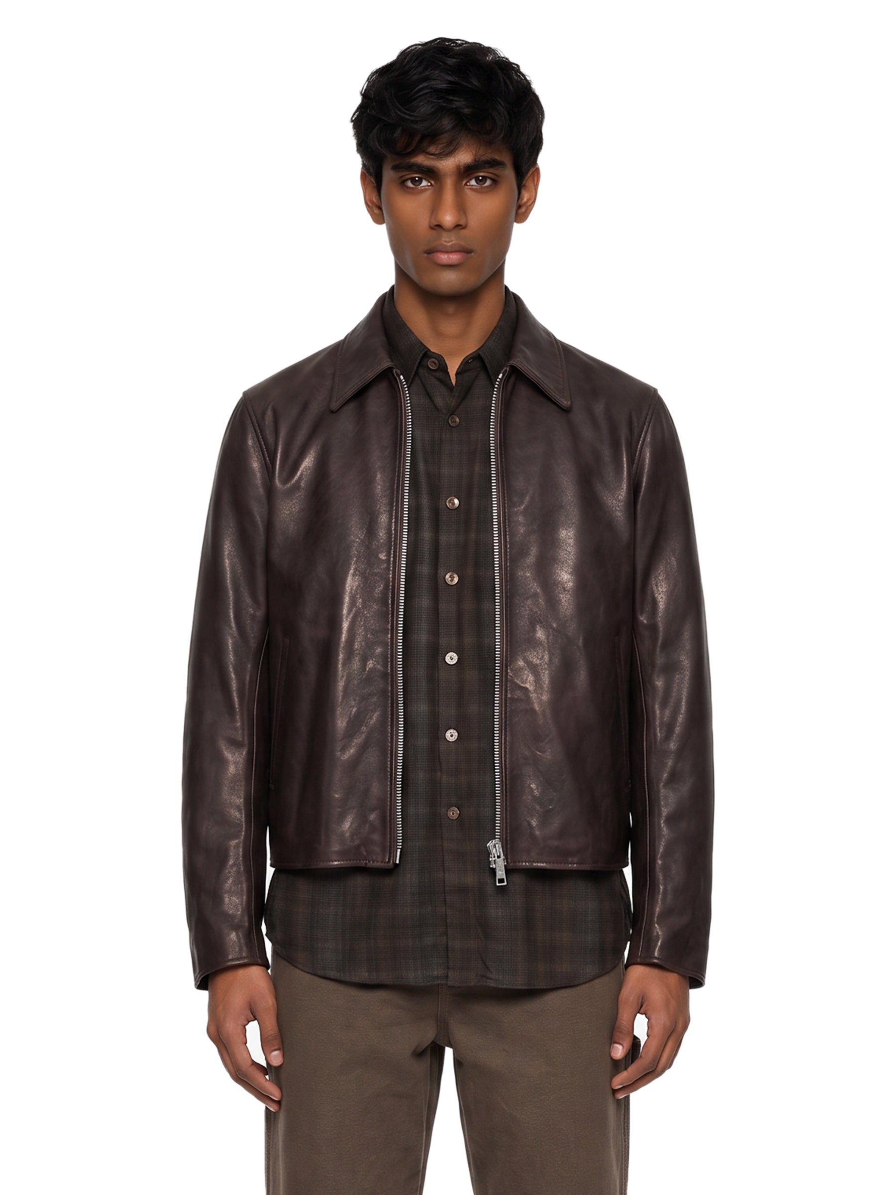 Giacca in pelle con zip in marrone 