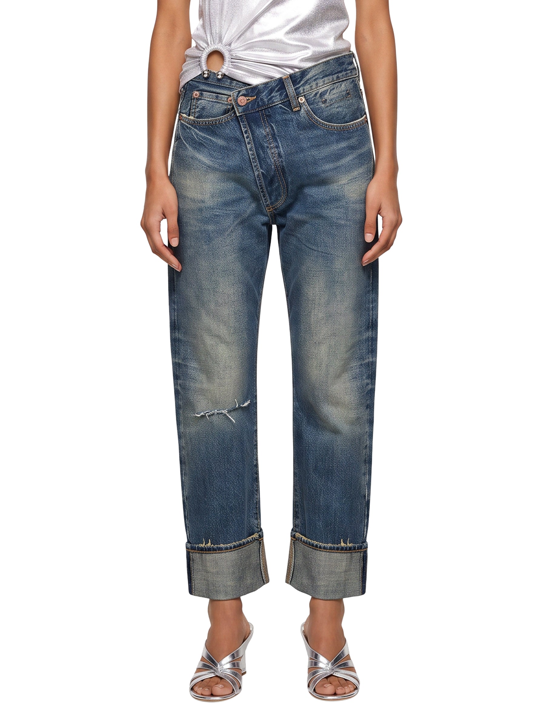 Jeans con chisura asimmetrica in blu 