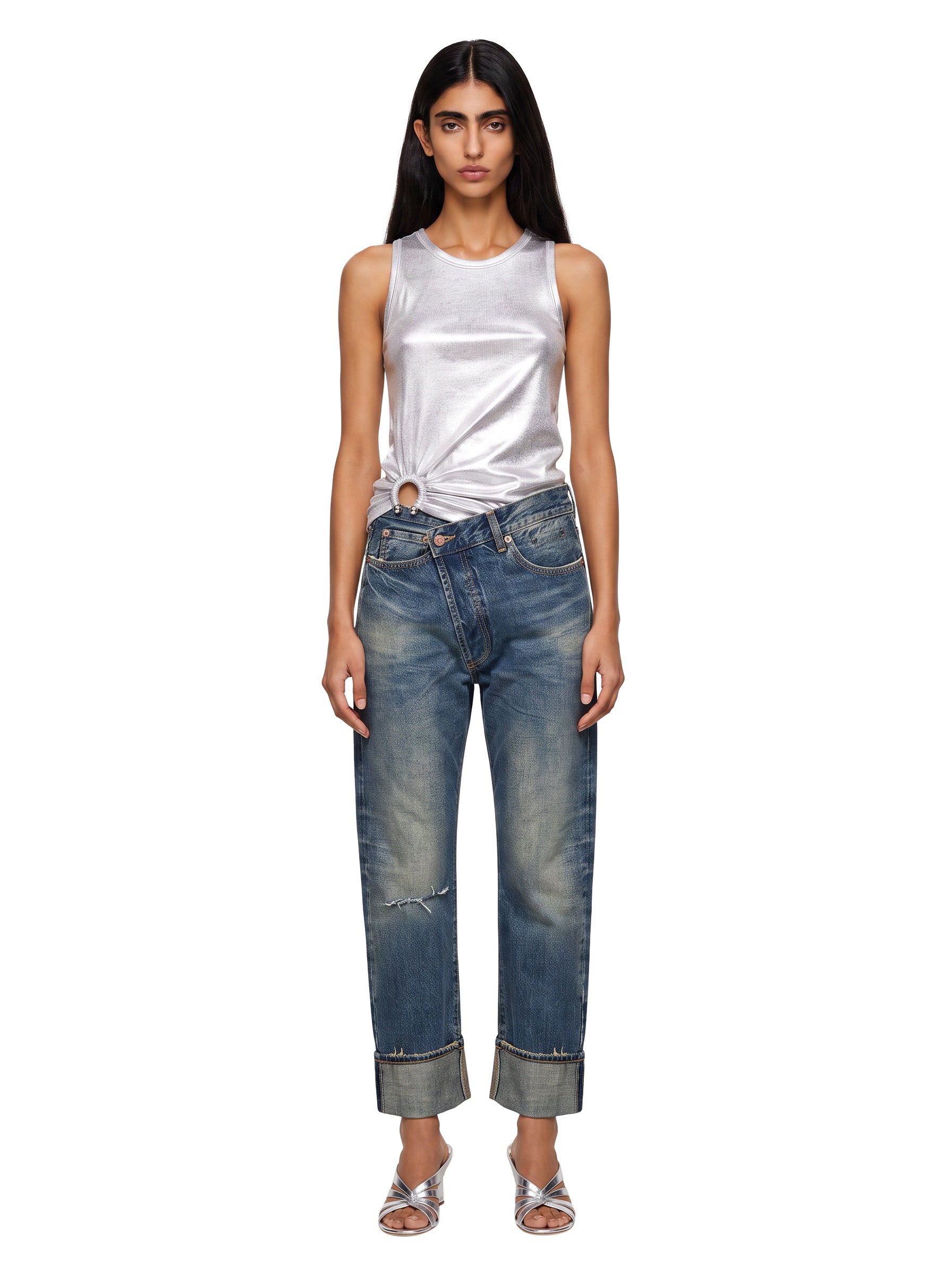 Jeans con chisura asimmetrica in blu 