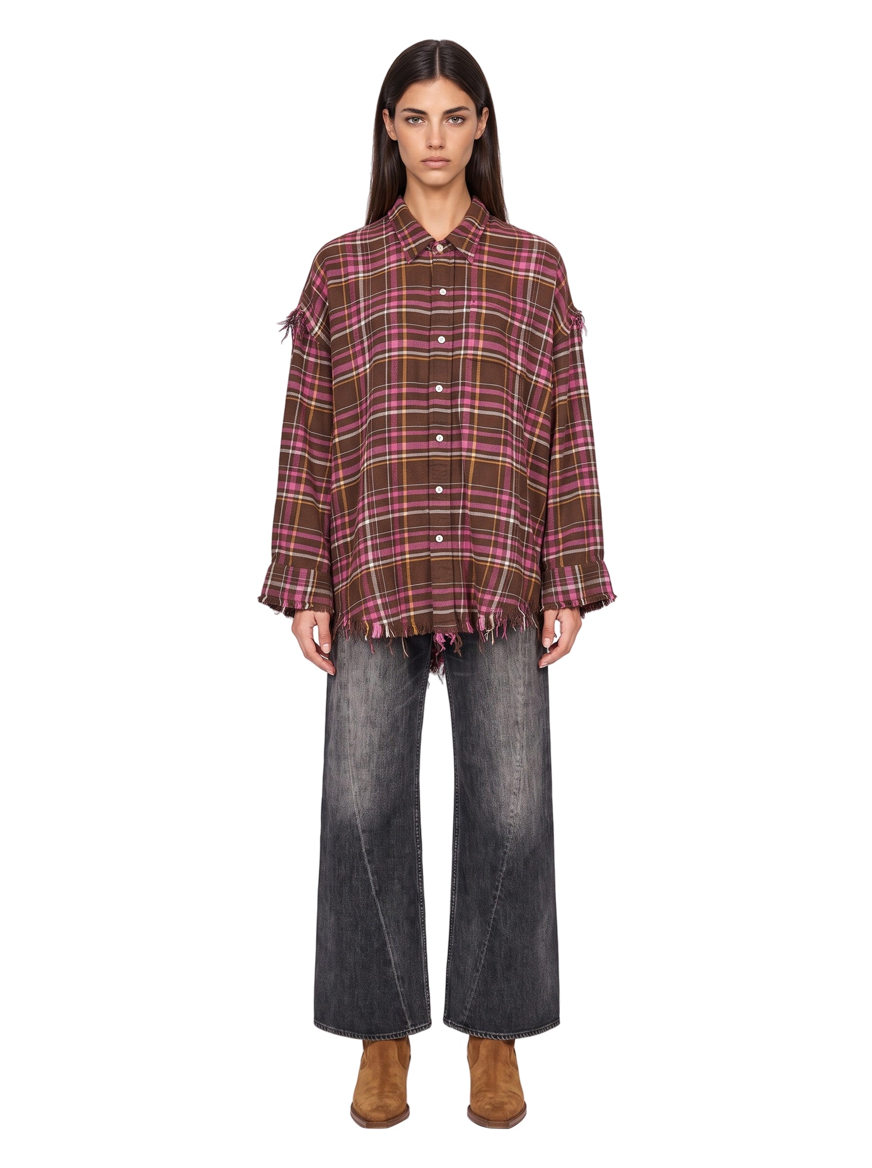 Camicia con cuciture sfrangiate multicolor 