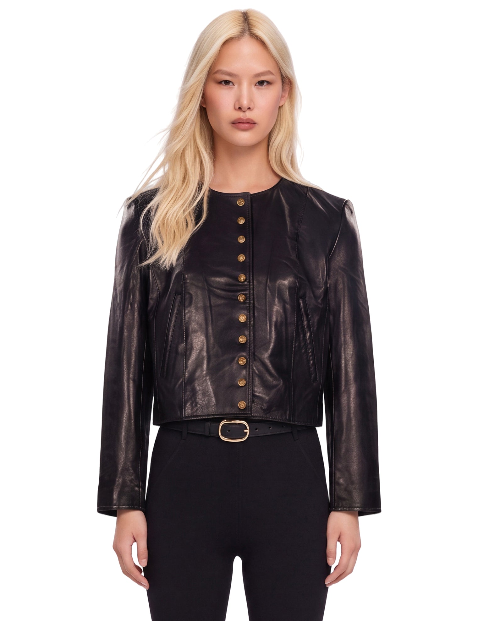 Giacca cropped in pelle in nero 