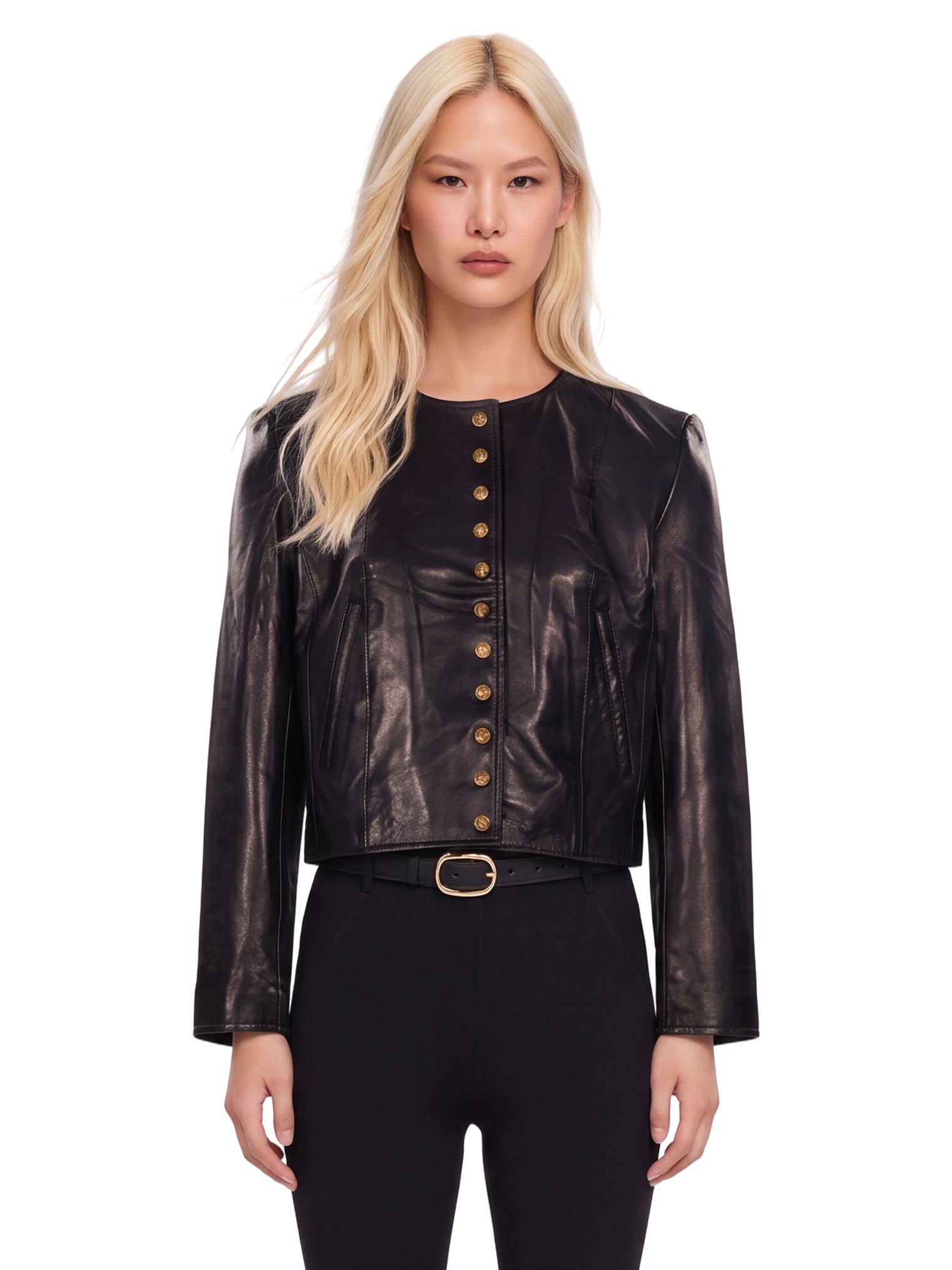 Giacca cropped in pelle in nero 