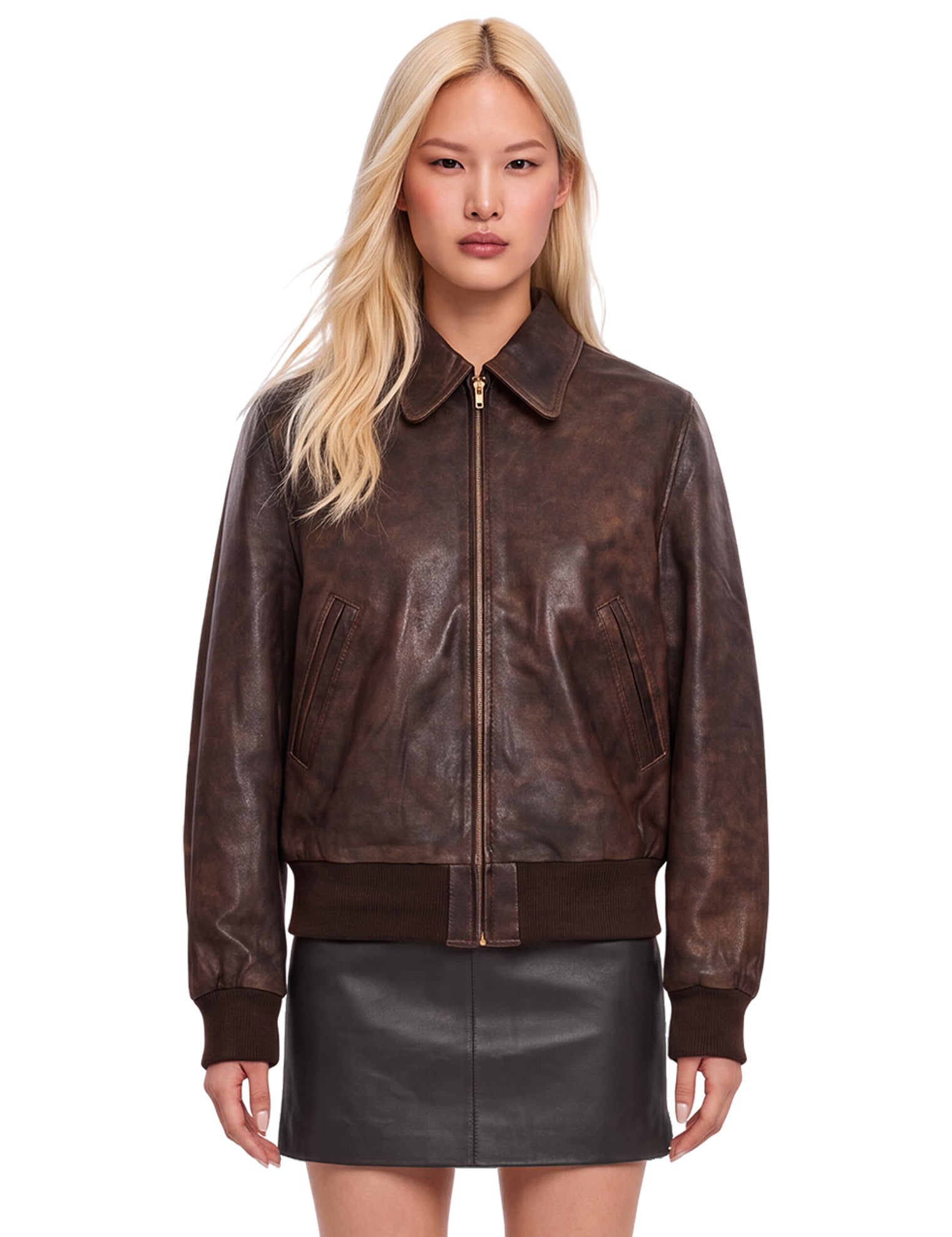 Bomber Boyfriend in pelle in marrone 