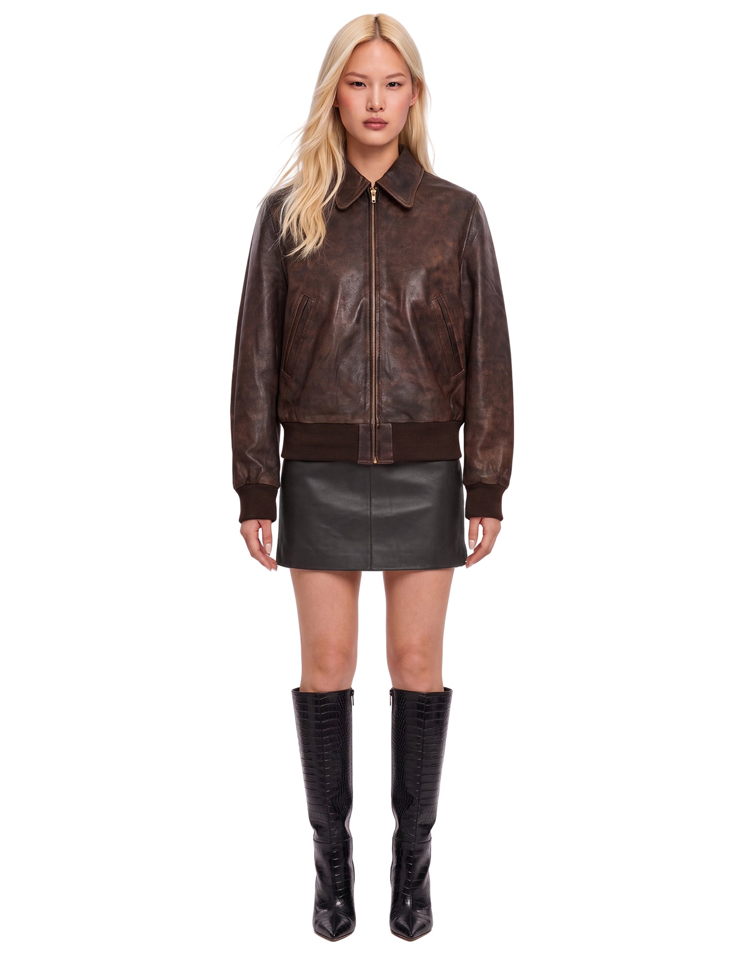 Bomber Boyfriend in pelle in marrone 