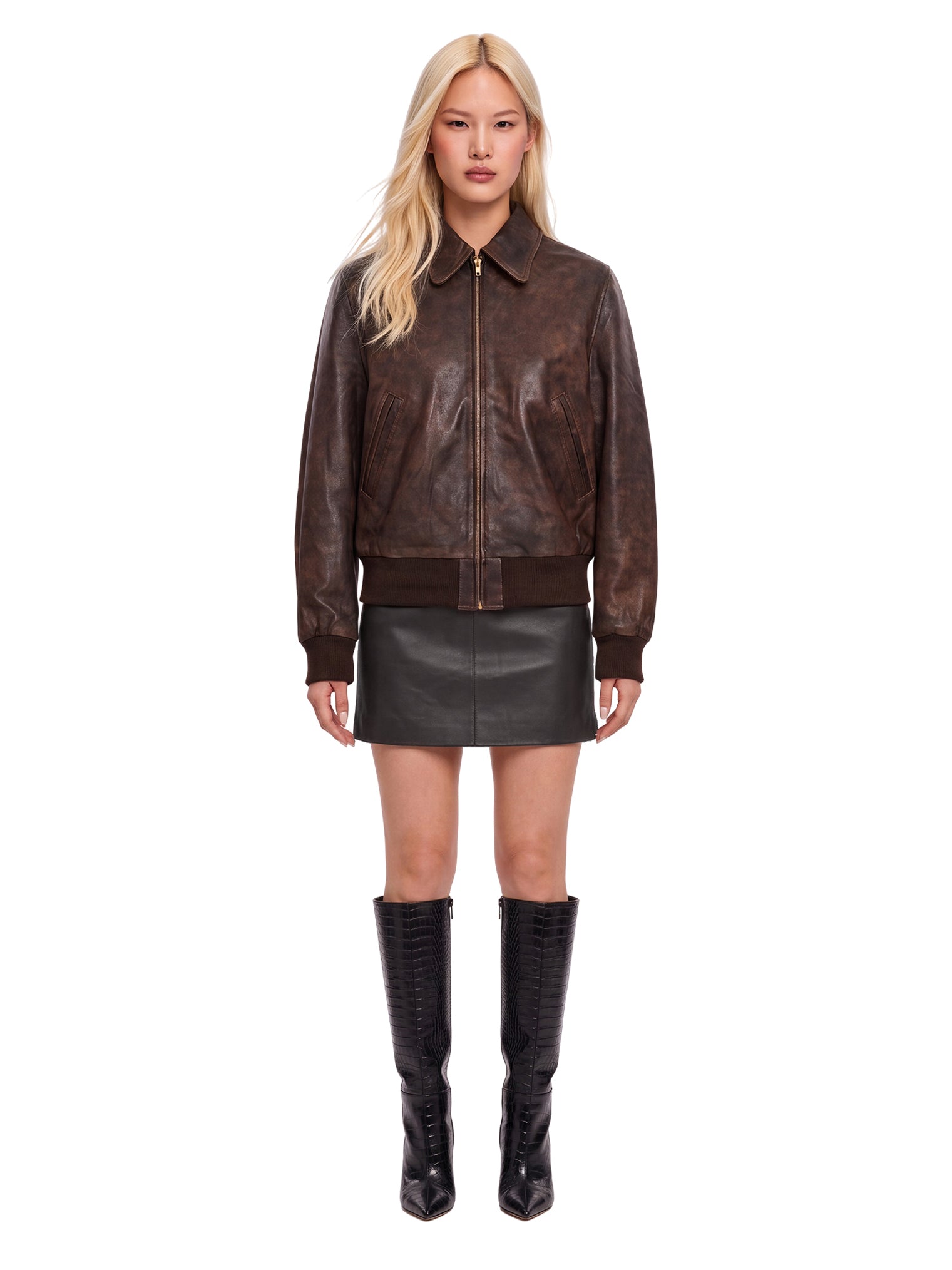 Bomber Boyfriend in pelle in marrone 