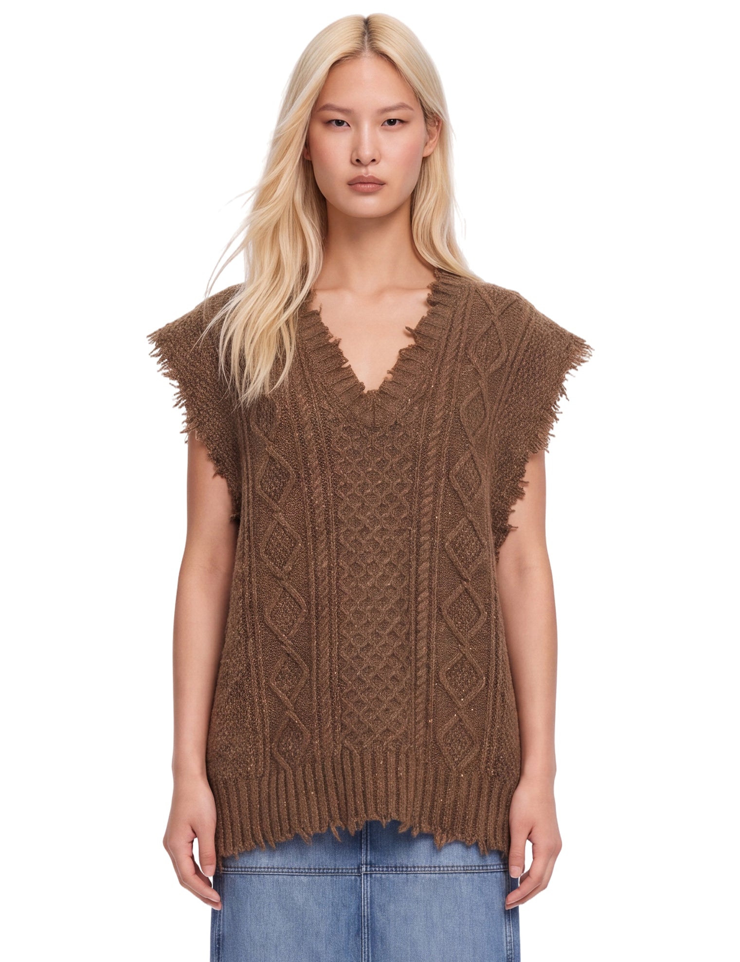Gilet sfrangiato in maglia in marrone 