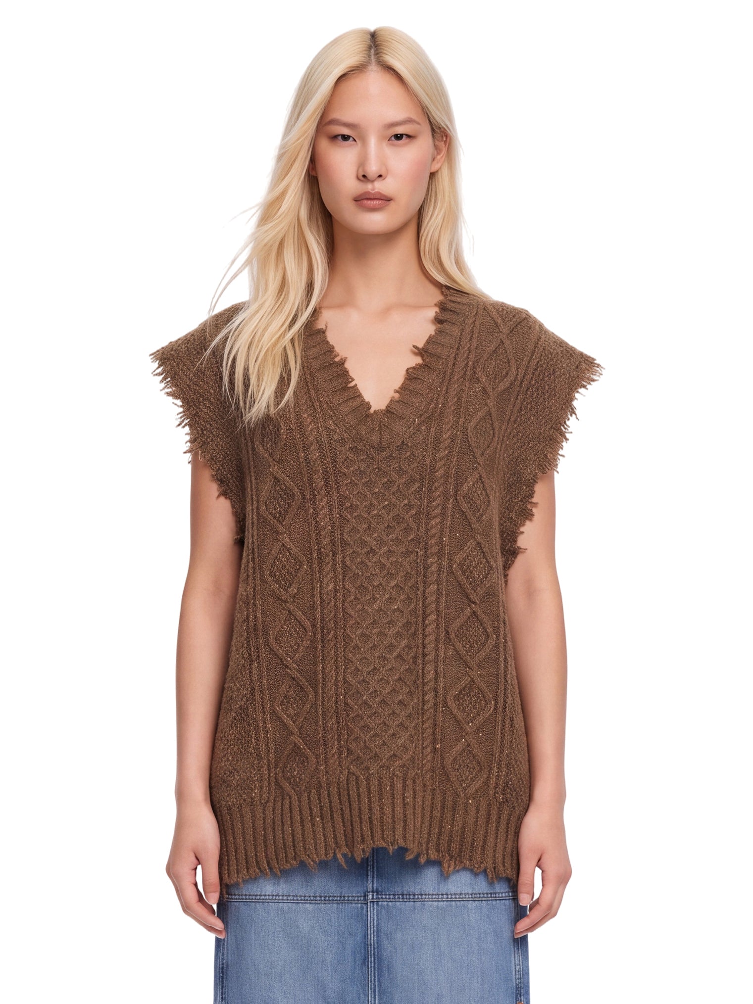 Gilet sfrangiato in maglia in marrone 