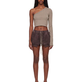 Shorts in denim con coulisse in marrone 
