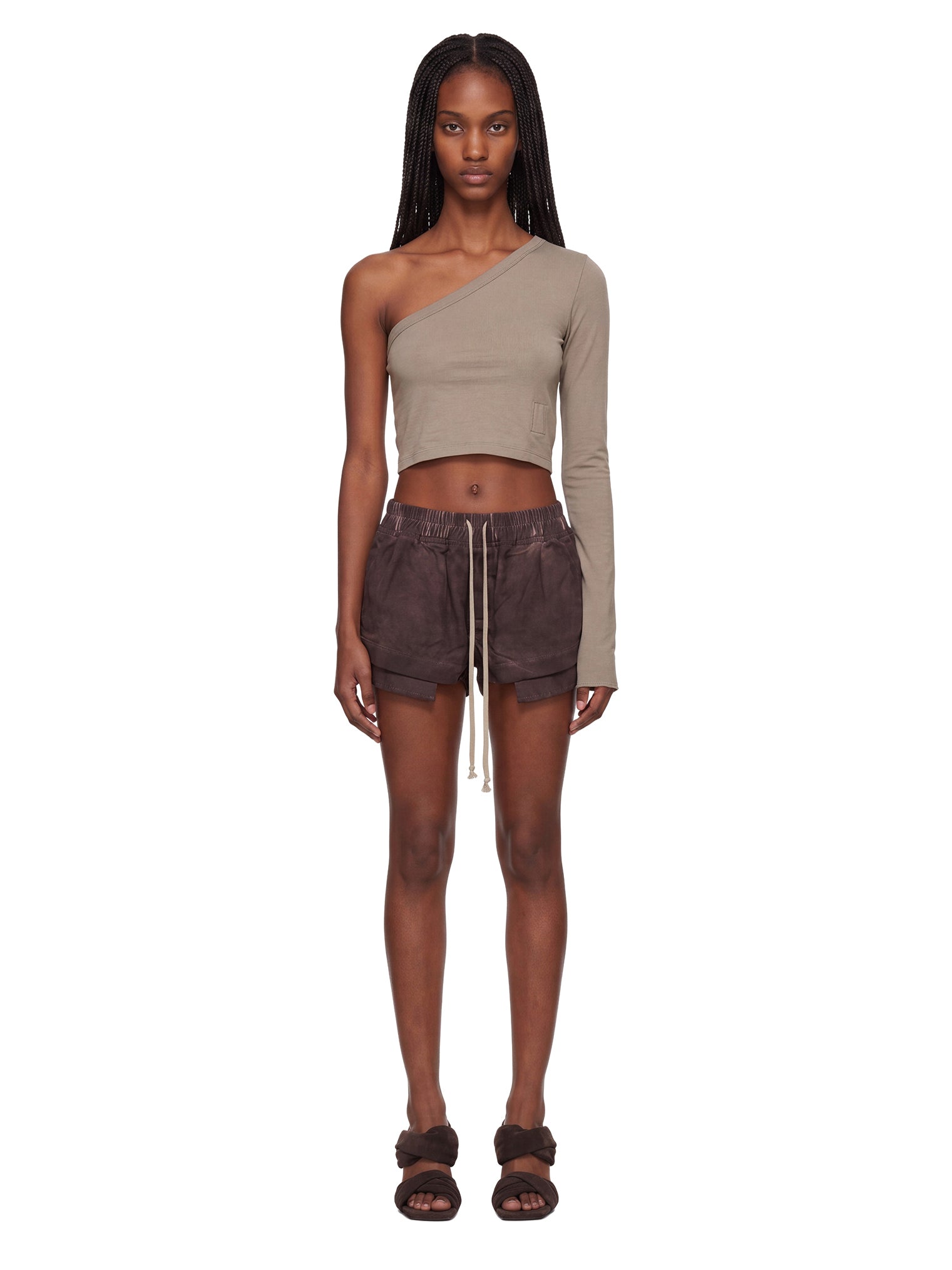 Shorts in denim con coulisse in marrone 