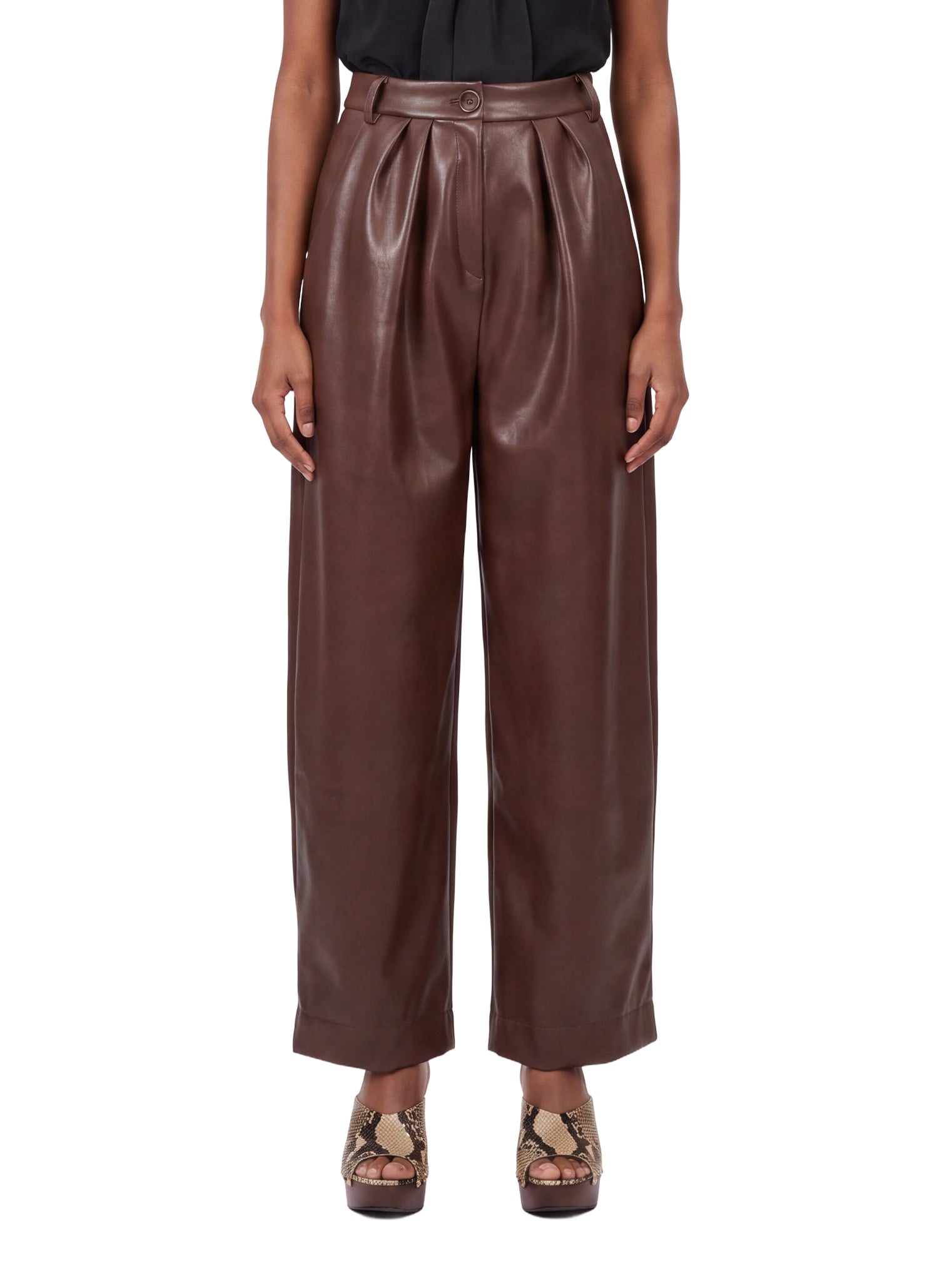 Pantaloni a vita alta in pelle in marrone 