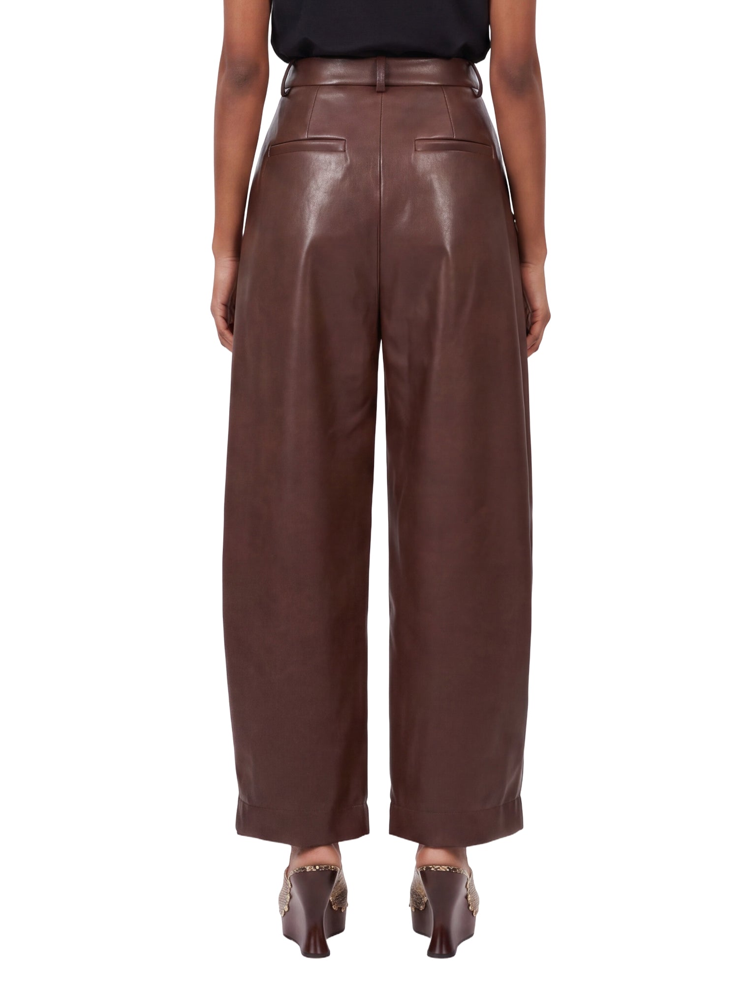 Pantaloni a vita alta in pelle in marrone 