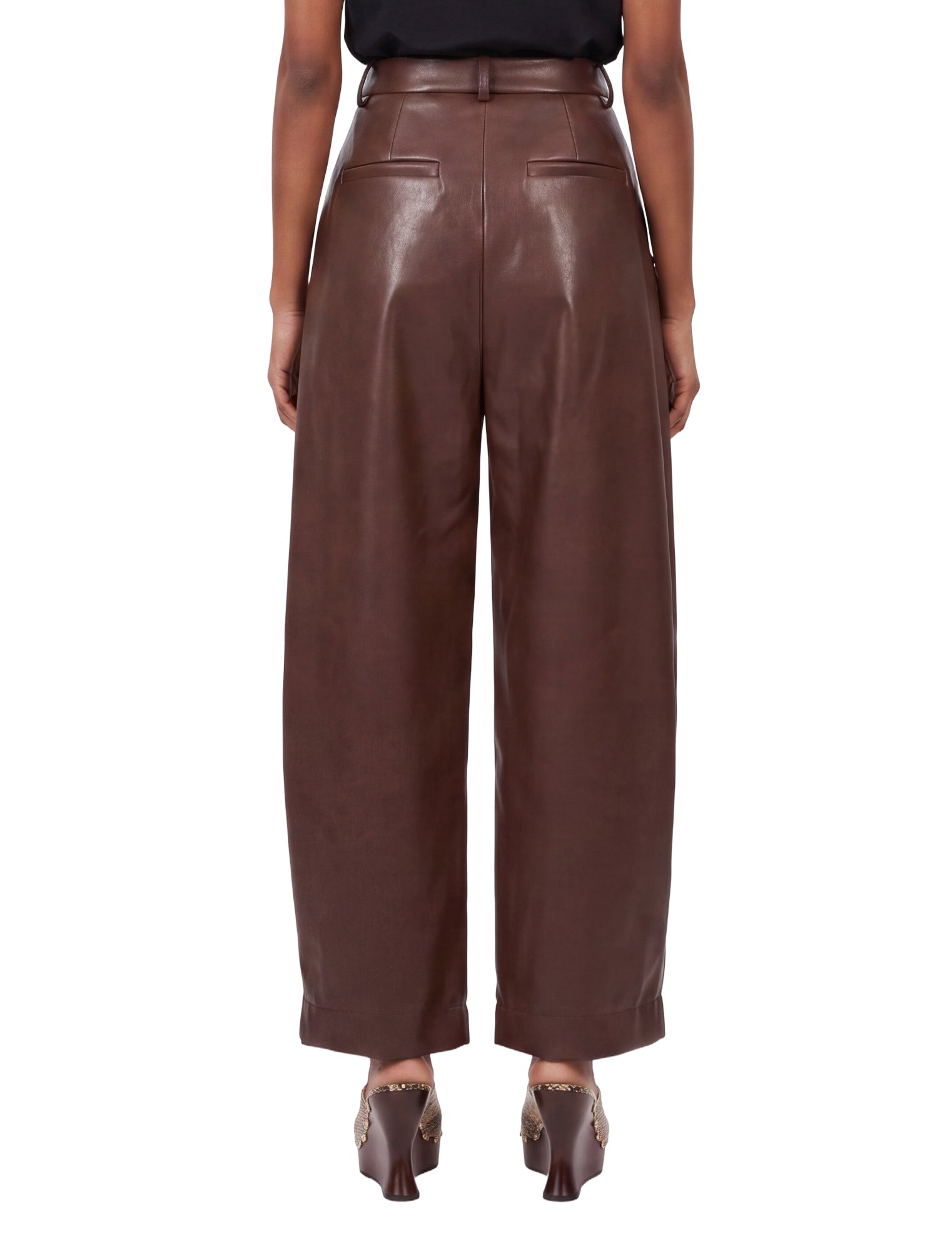 Pantaloni a vita alta in pelle in marrone 