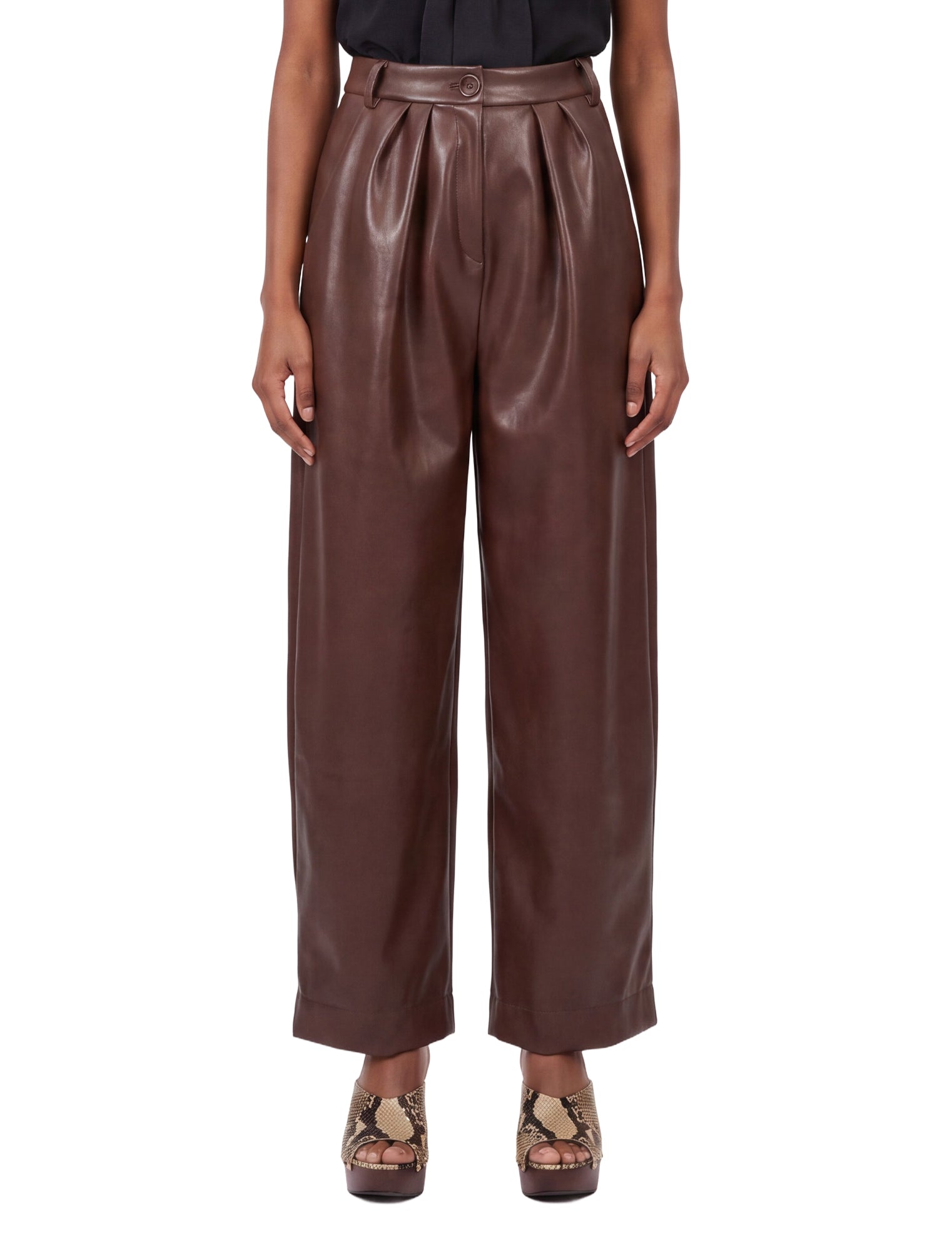 Pantaloni a vita alta in pelle in marrone 
