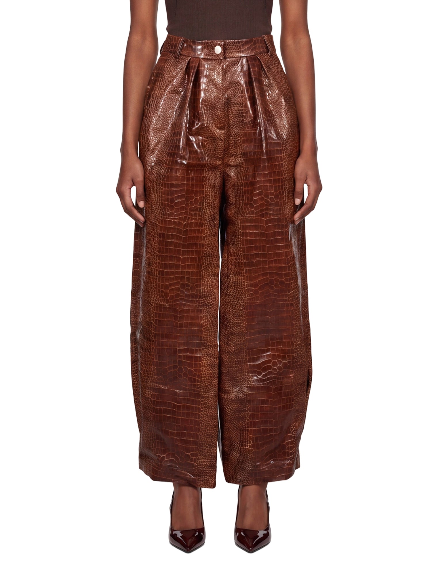 Pantaloni a vita alta con effetto pelle di coccodrillo in marrone 