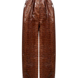 Pantaloni a vita alta con effetto pelle di coccodrillo in marrone 