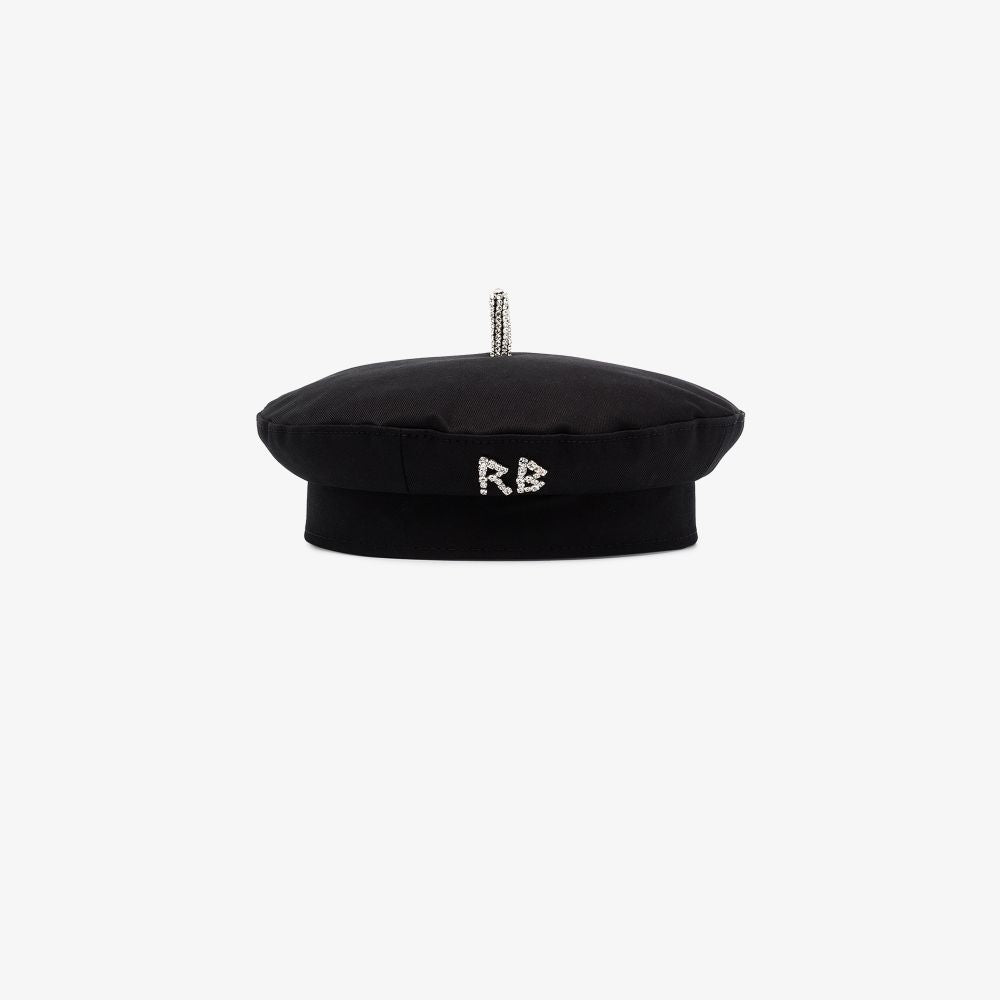 crystal-embellished<BR/>black cotton beret 