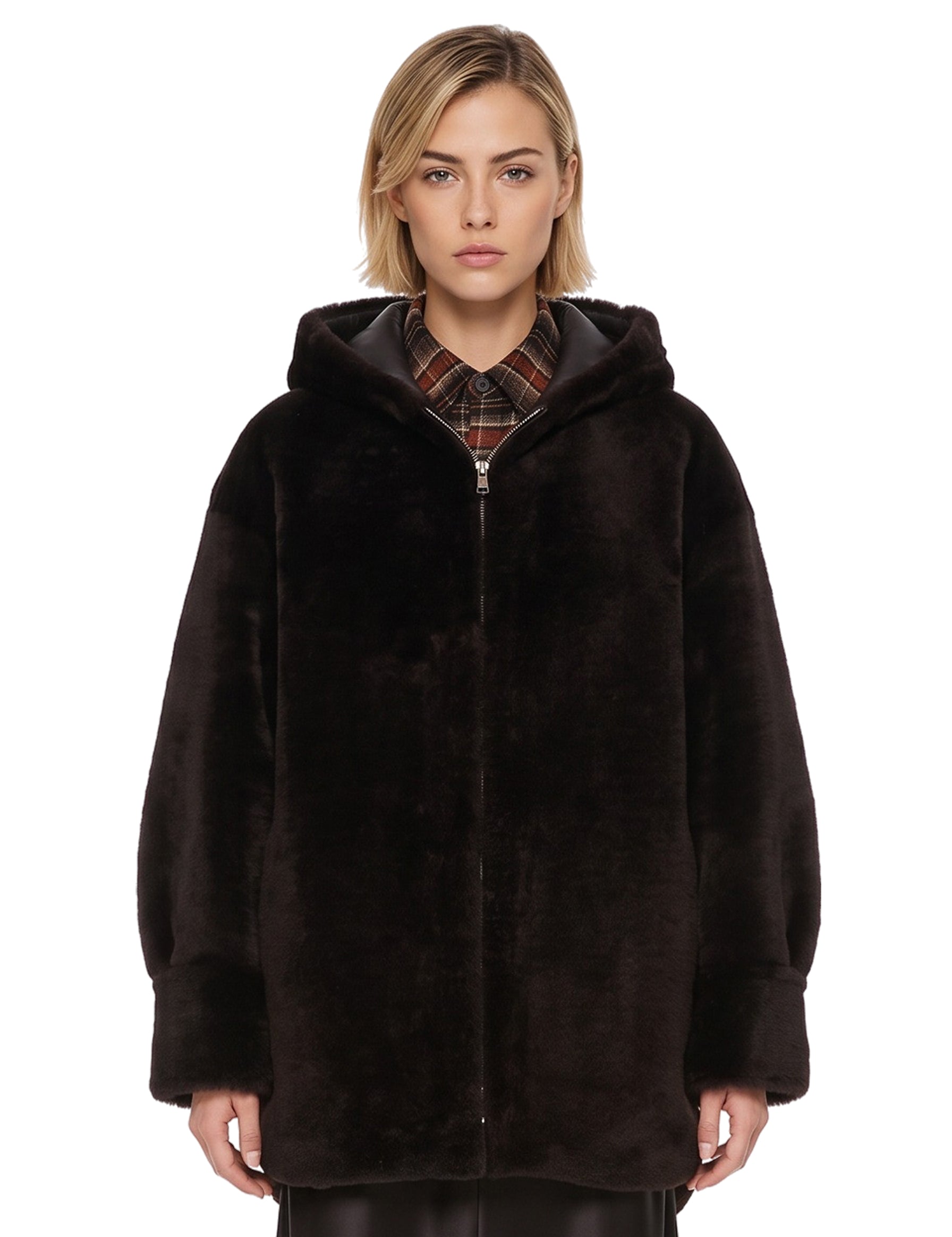 Cappotto con zip in shearling marrone 