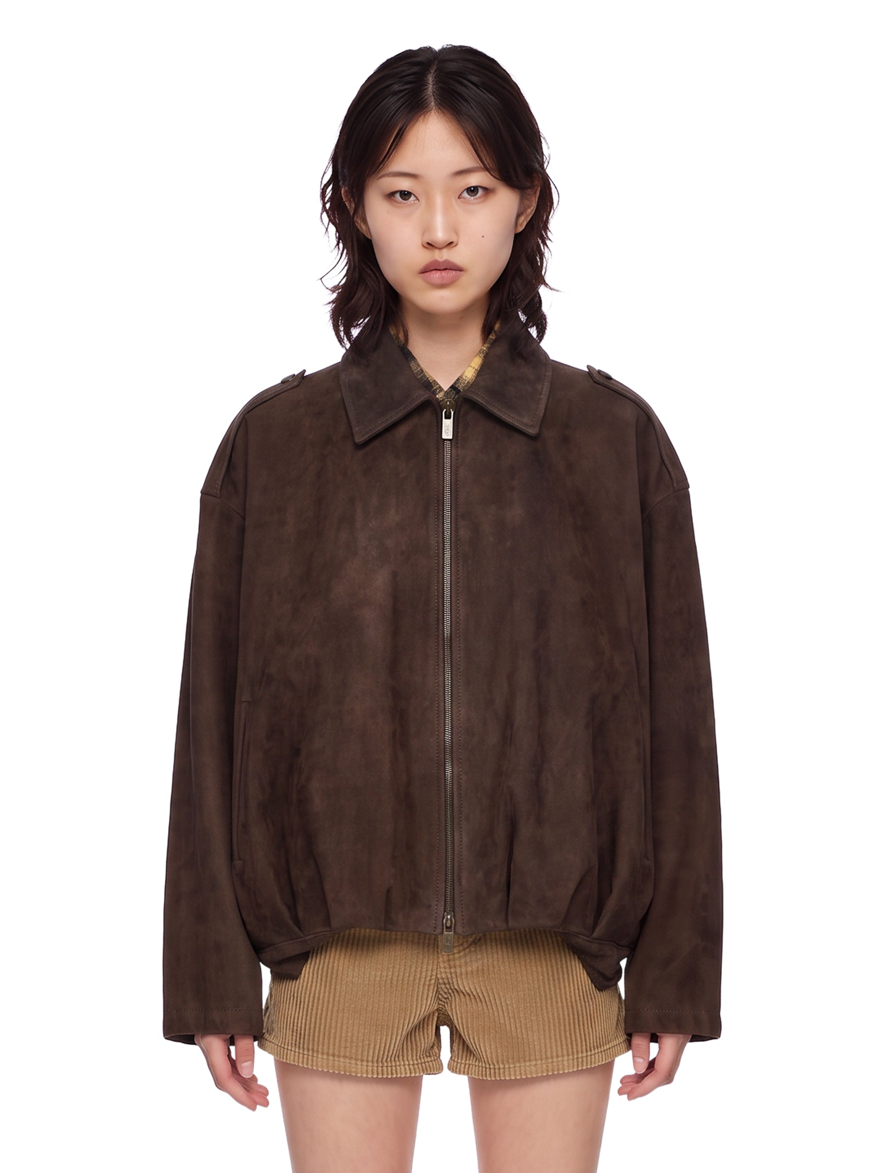 Giacca in pelle con zip in marrone 