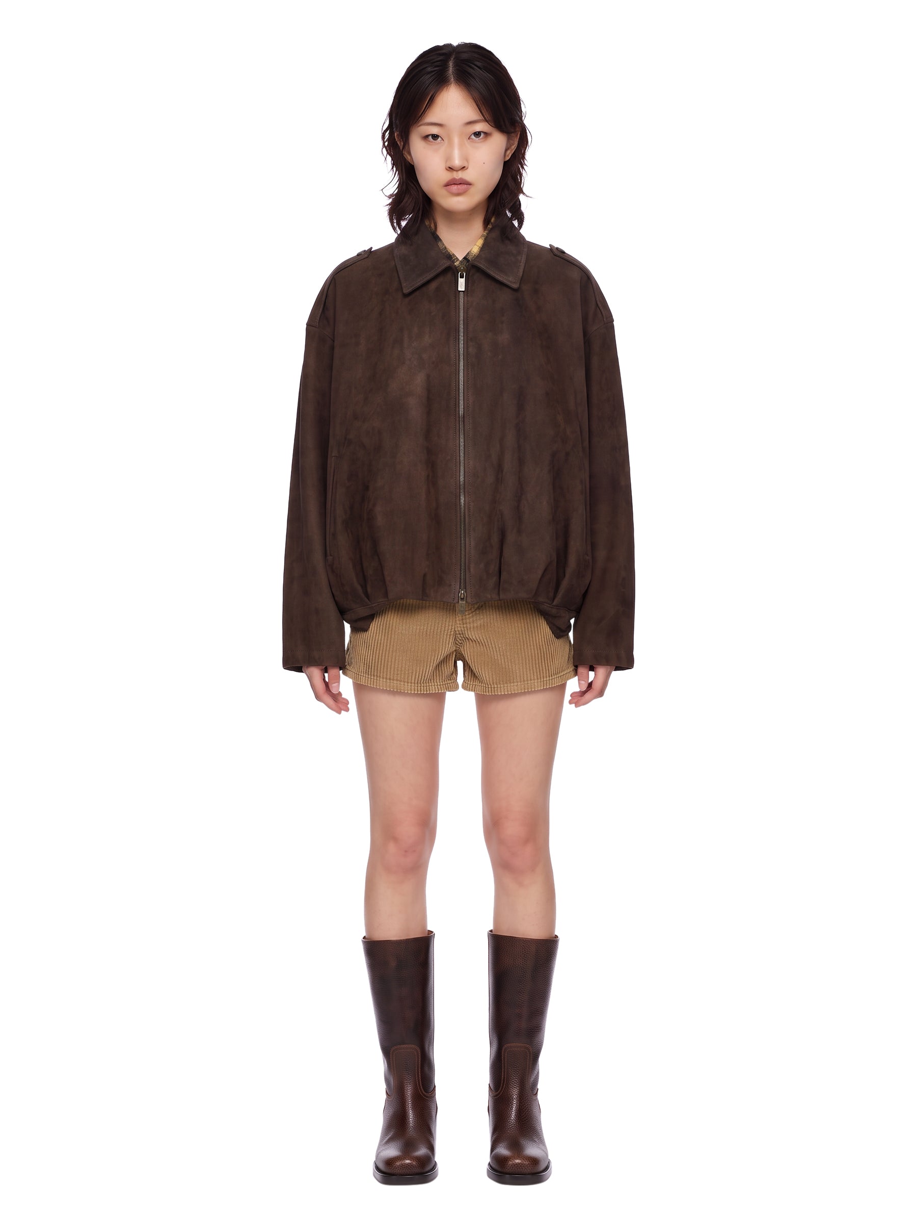 Giacca in pelle con zip in marrone 
