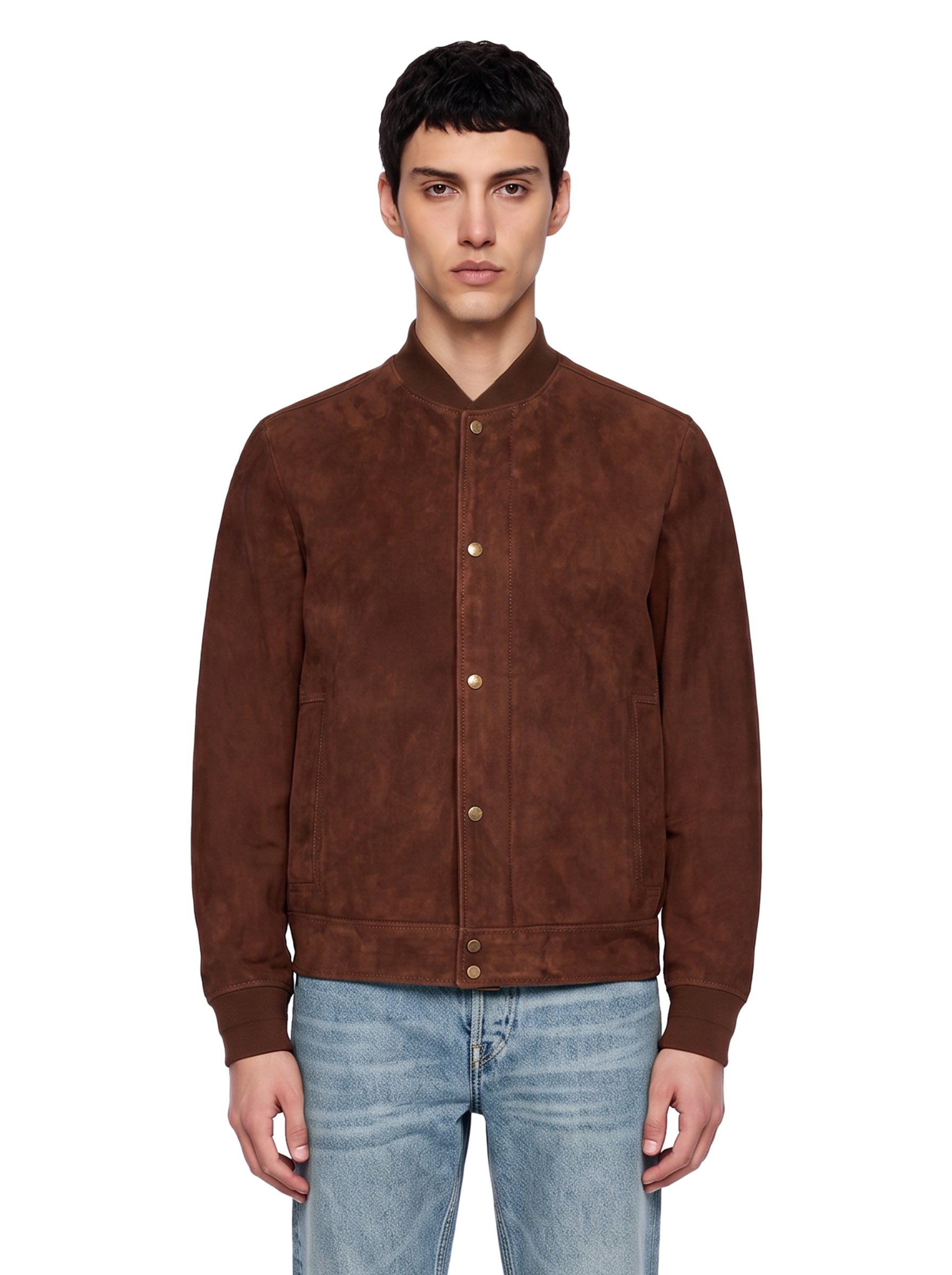 Bomber in pelle scamosciata marrone 