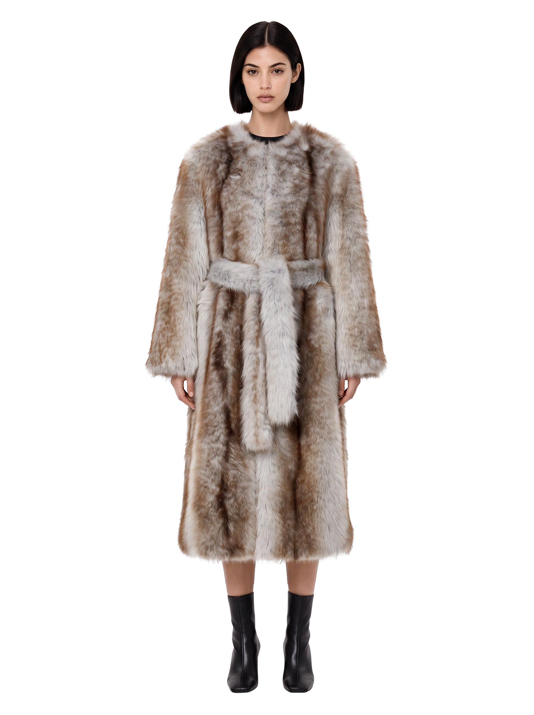 Cappotto in pelliccia con cintura multicolore 