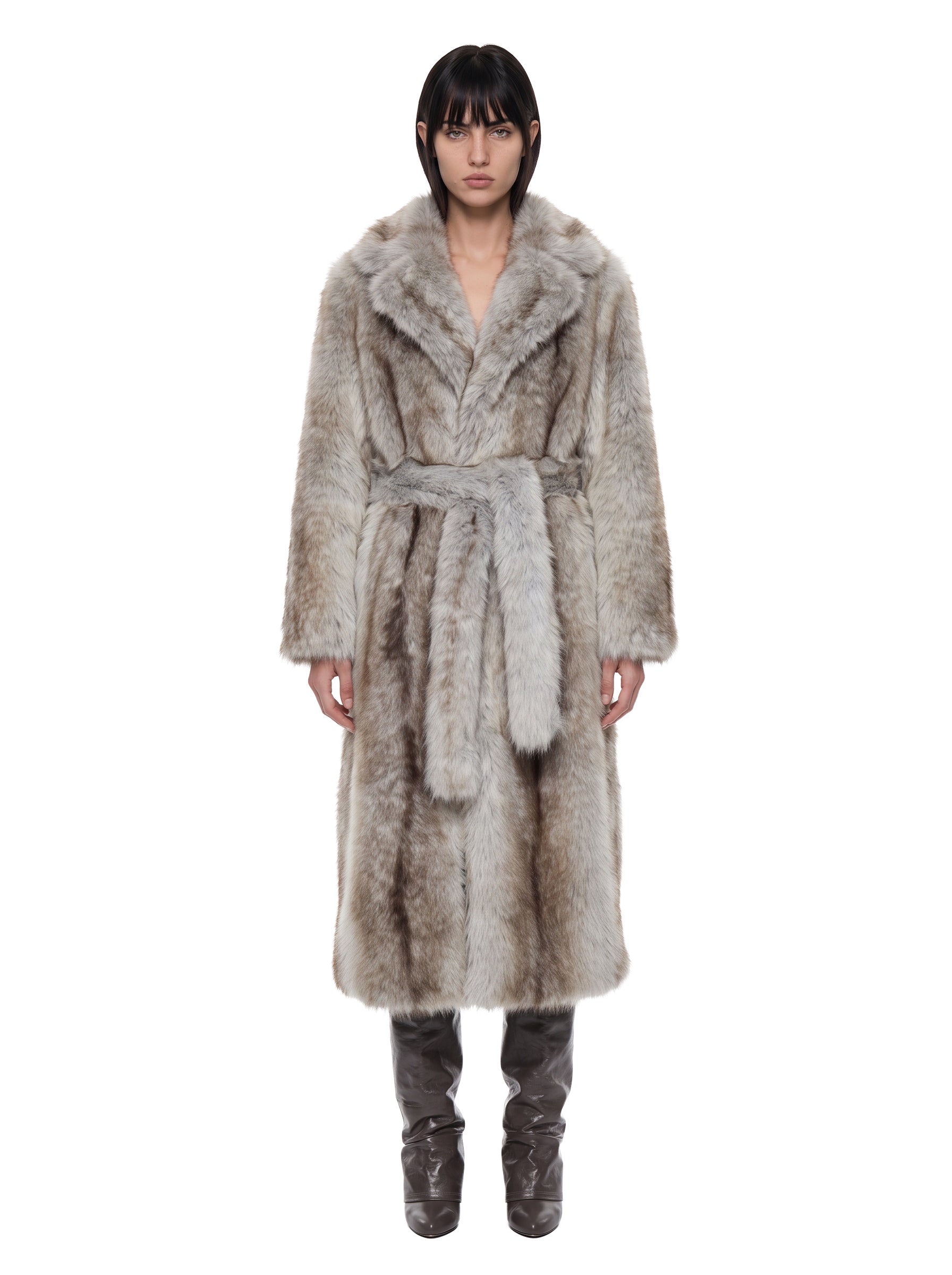 Cappotto in pelliccia con cintura multicolore 