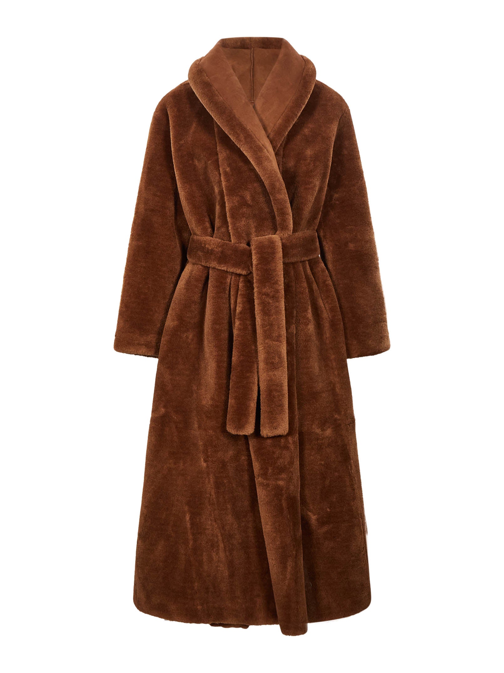 Cappotto in pelliccia ecologica con cintura in marrone 