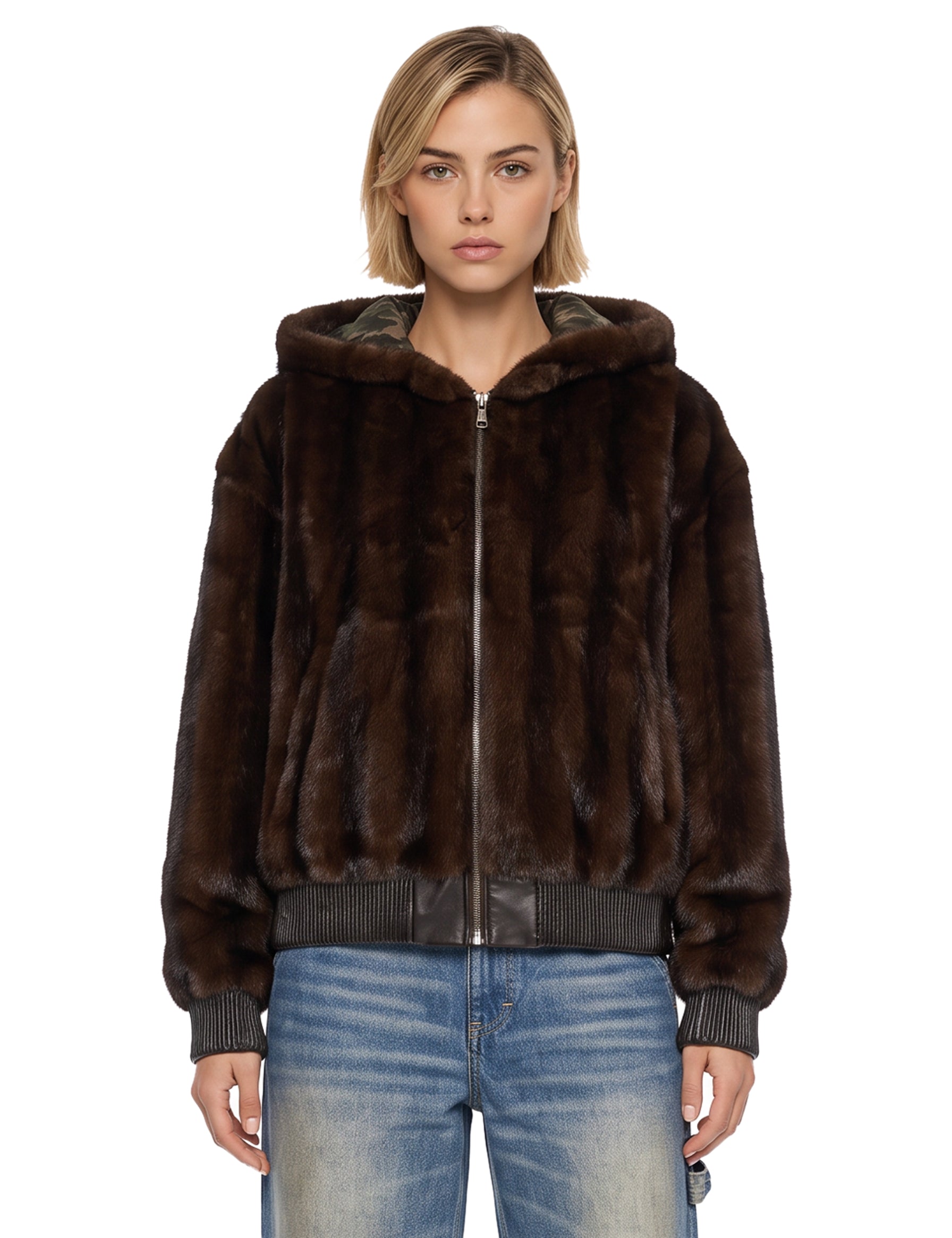 Bomber reversibile con cappuccio in marrone 