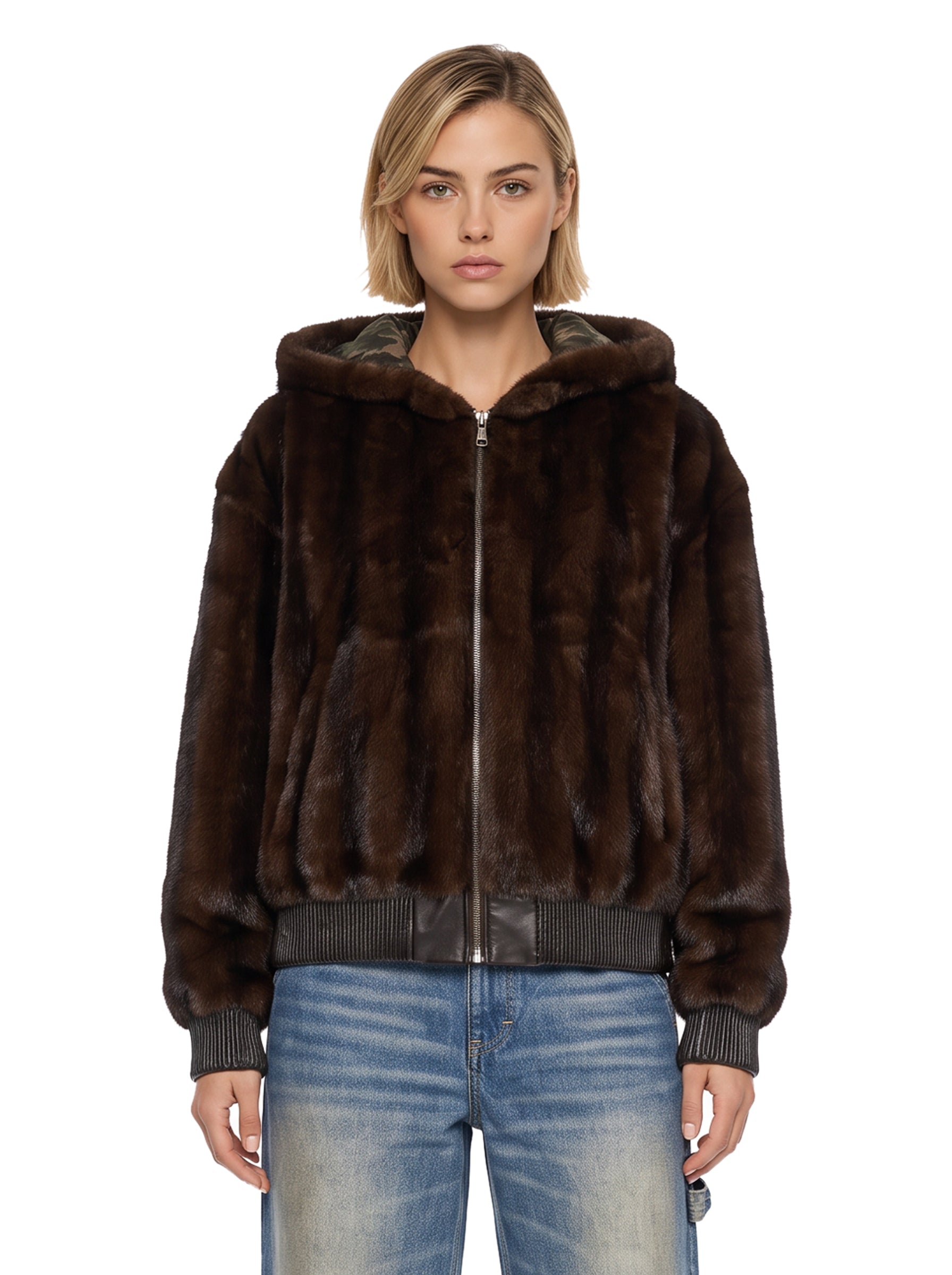 Bomber reversibile con cappuccio in marrone 