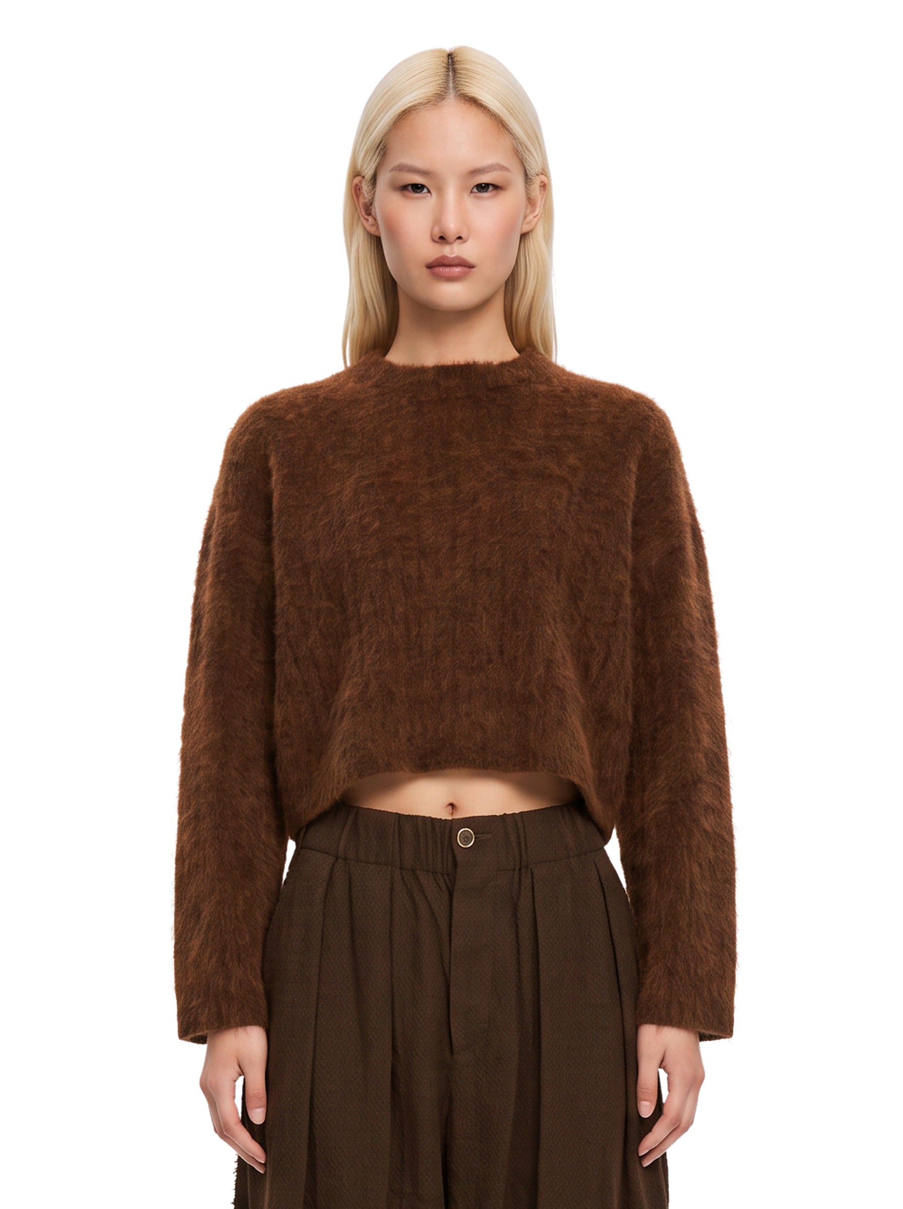 Maglione a girocollo con texture morbida in marrone 