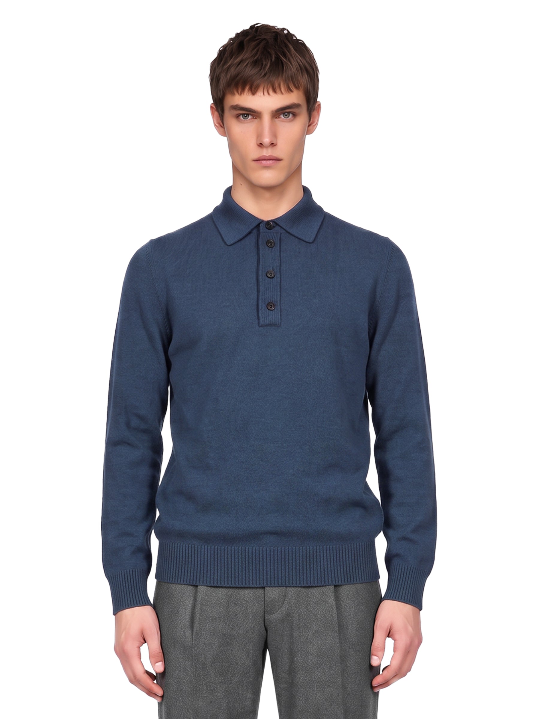 Maglione con colletto a polo in lana e cashmere in blu 