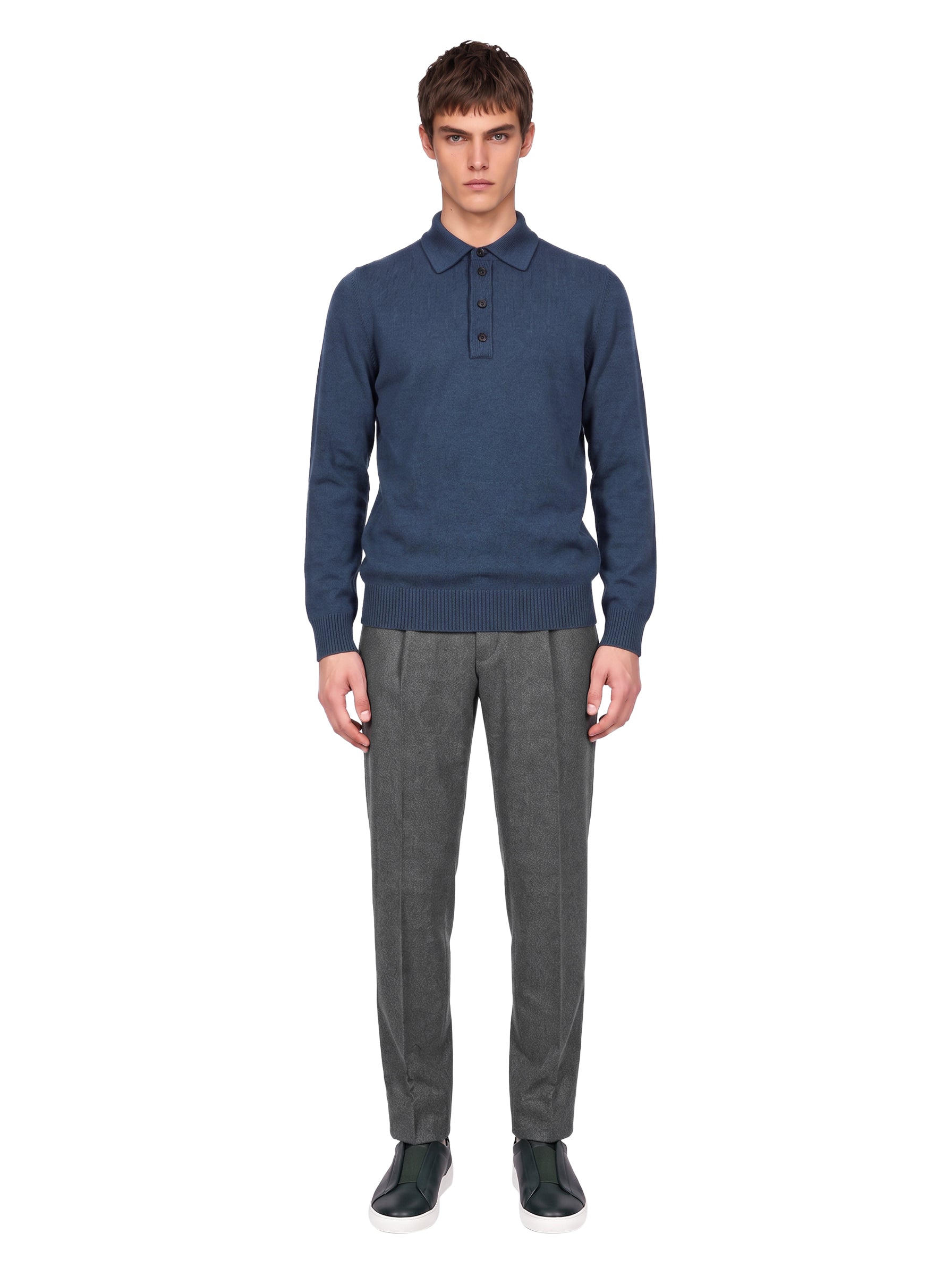 Maglione con colletto a polo in lana e cashmere in blu 