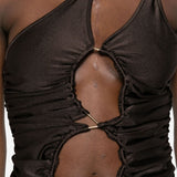 Top asimmetrico con cut-out in marrone - donna 