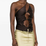 Top asimmetrico con cut-out in marrone - donna 