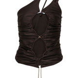 Top asimmetrico con cut-out in marrone - donna 
