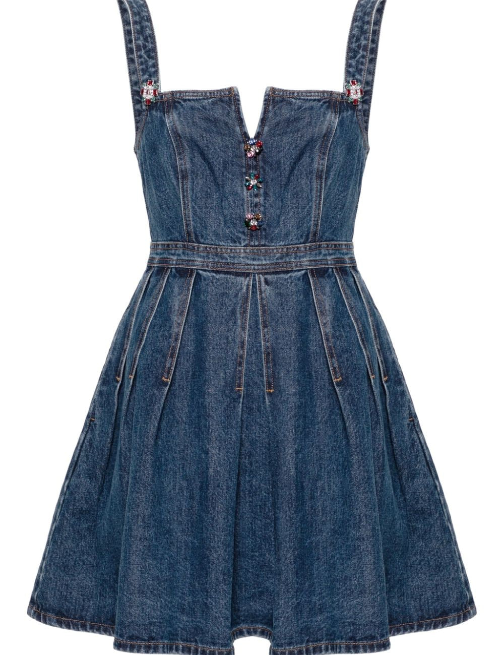 Abito corto con applicazione a fiori in blu denim - donna 
