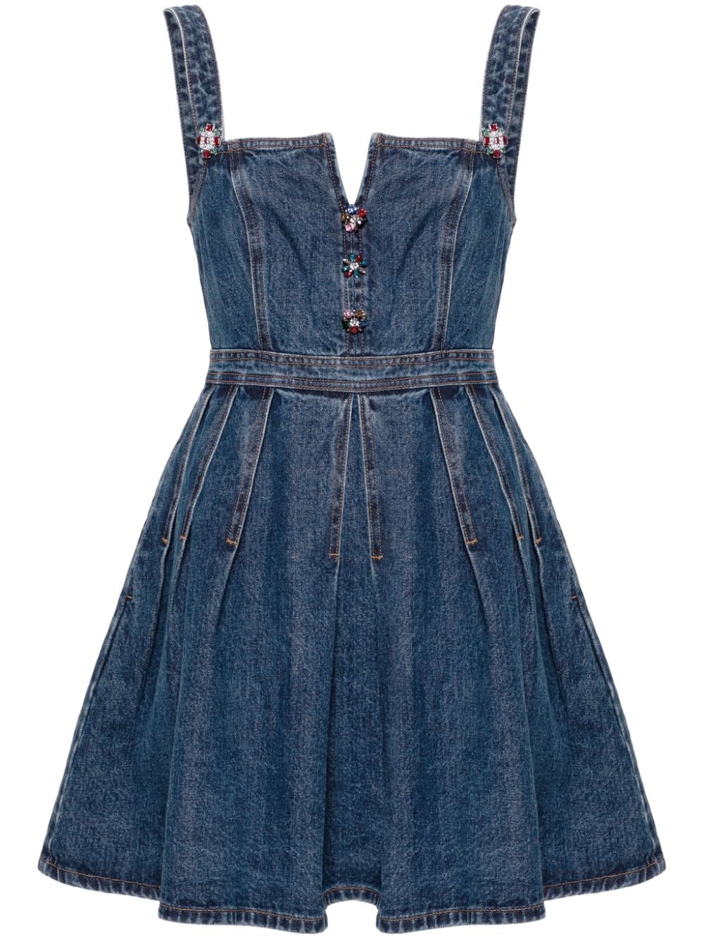 Abito corto con applicazione a fiori in blu denim - donna 
