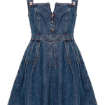 Abito corto con applicazione a fiori in blu denim - donna 