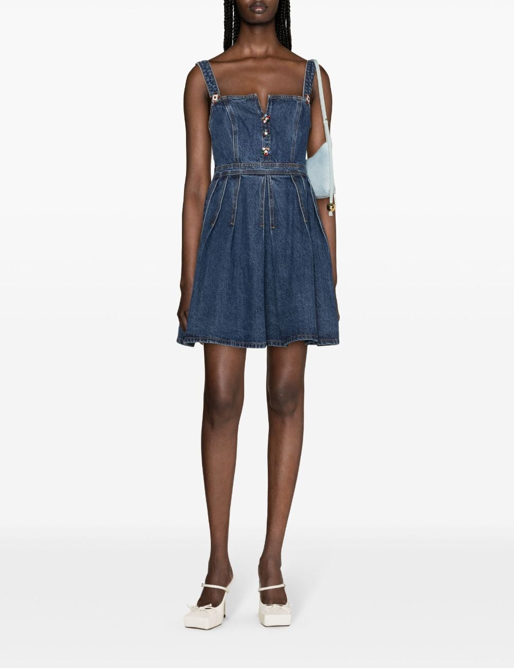 Abito corto con applicazione a fiori in blu denim - donna 