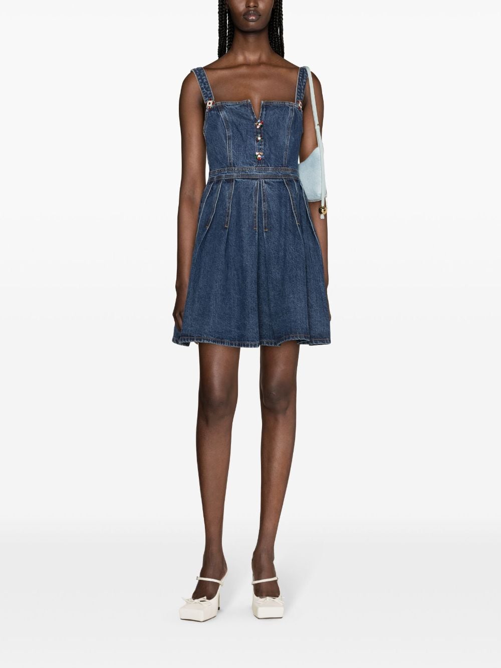 Abito corto con applicazione a fiori in blu denim - donna 