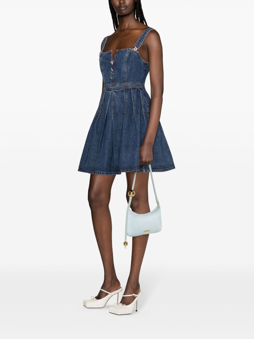 Abito corto con applicazione a fiori in blu denim - donna 